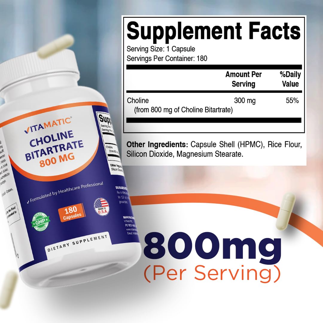 Vitamatic Choline Bitartrate Capsules side view showing capsule size