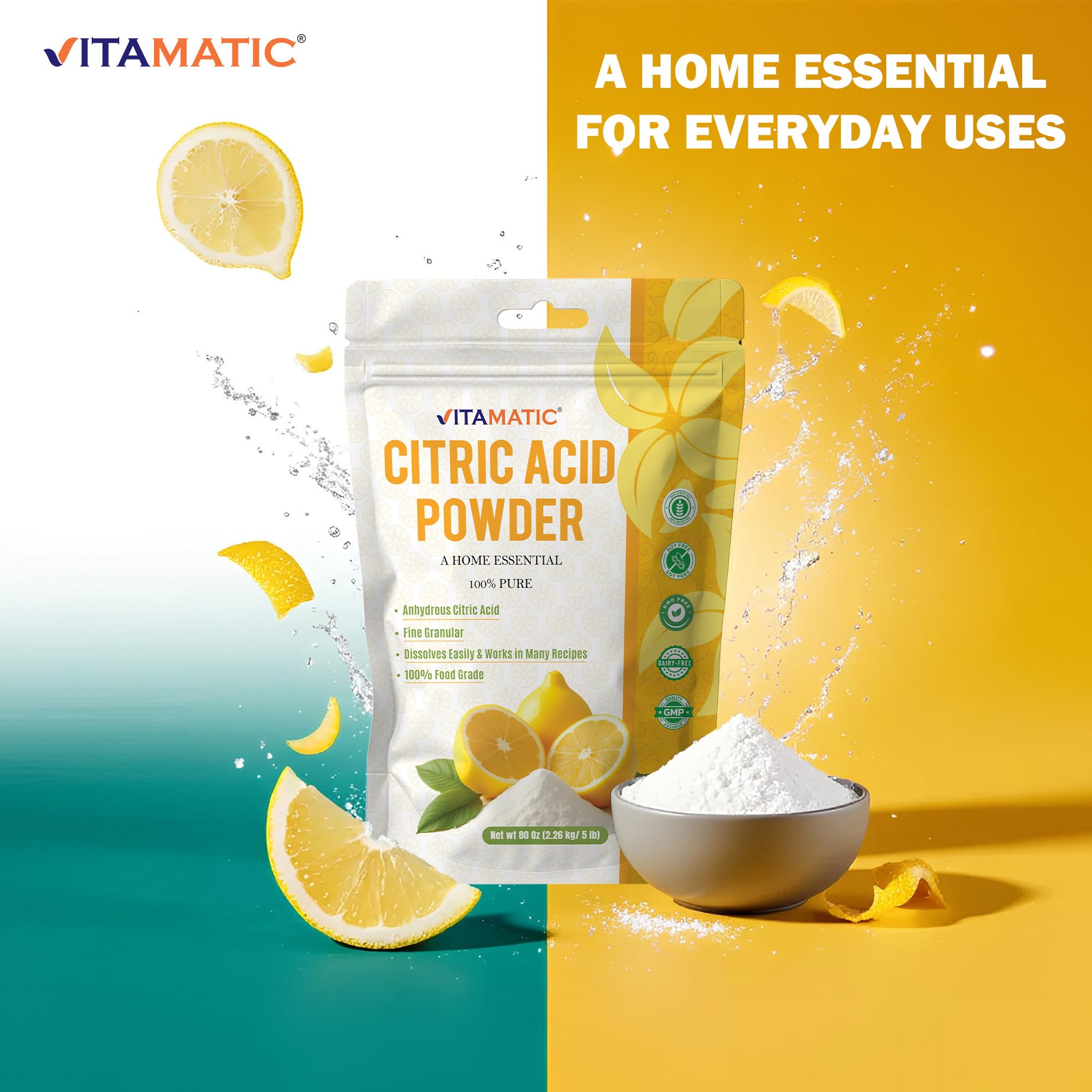 Vitamatic Citric Acid 5 lb crystalline granules in a bowl