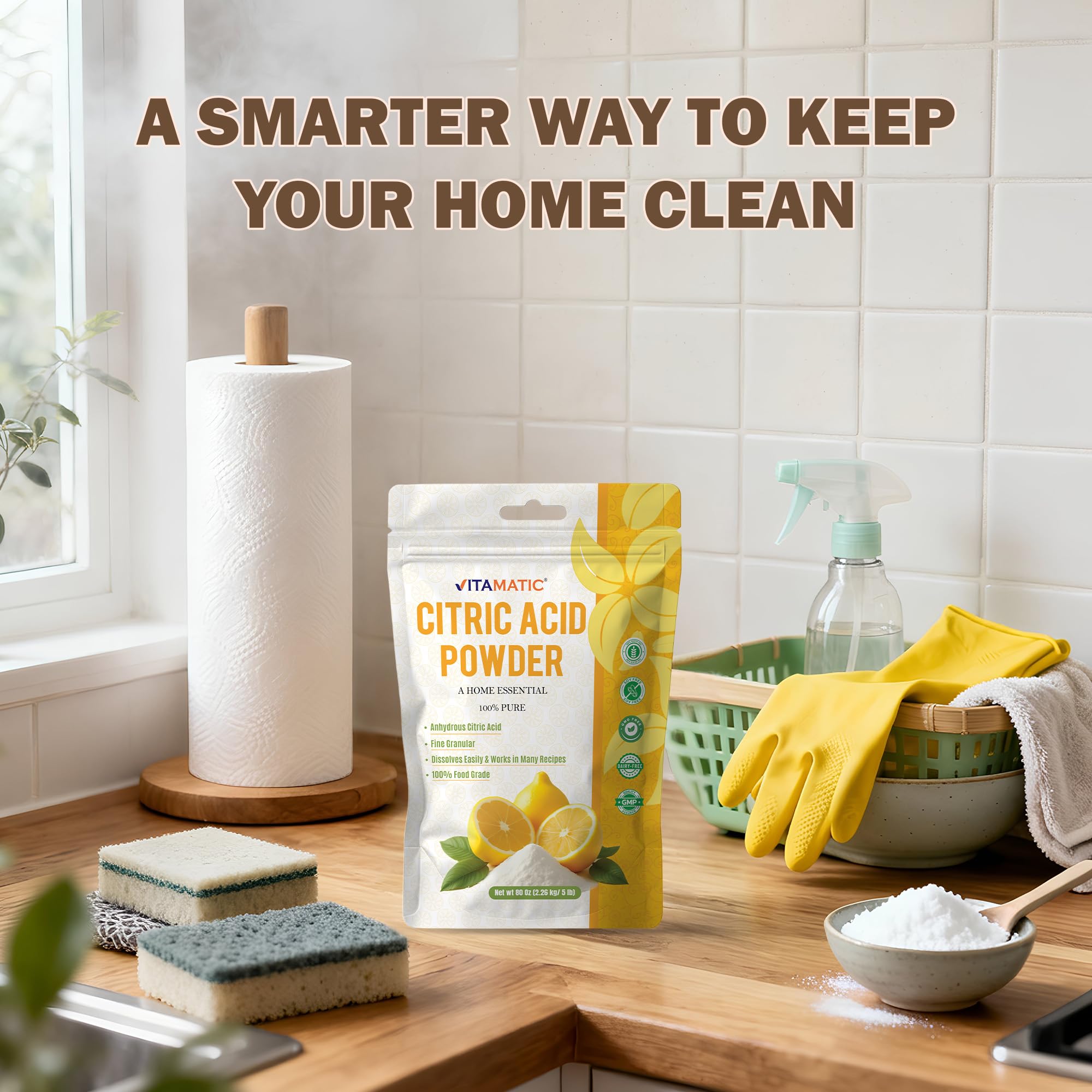 Vitamatic Citric Acid 5 lb crystalline granules on a kitchen counter