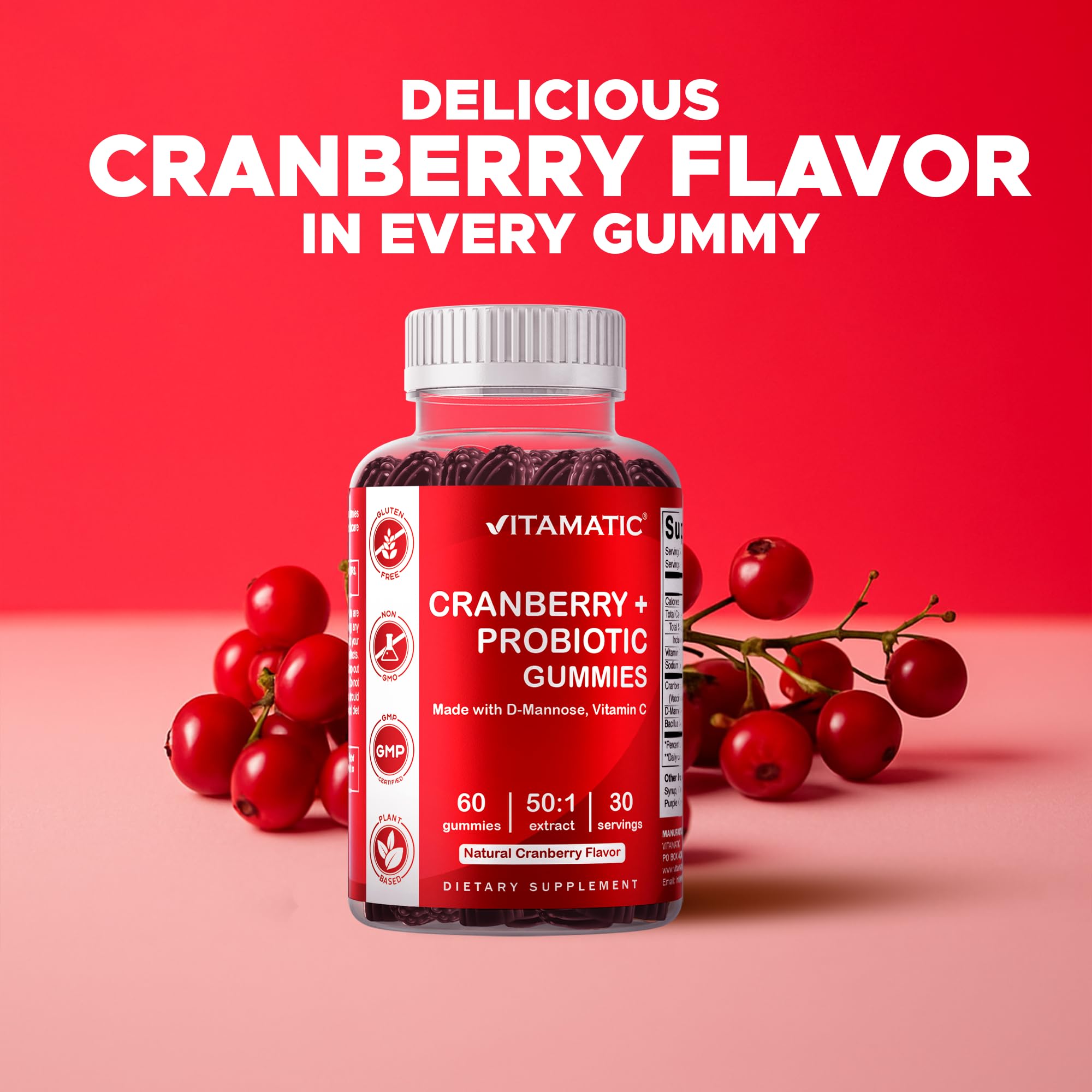 Vitamatic Cranberry Gummies back view with nutritional information