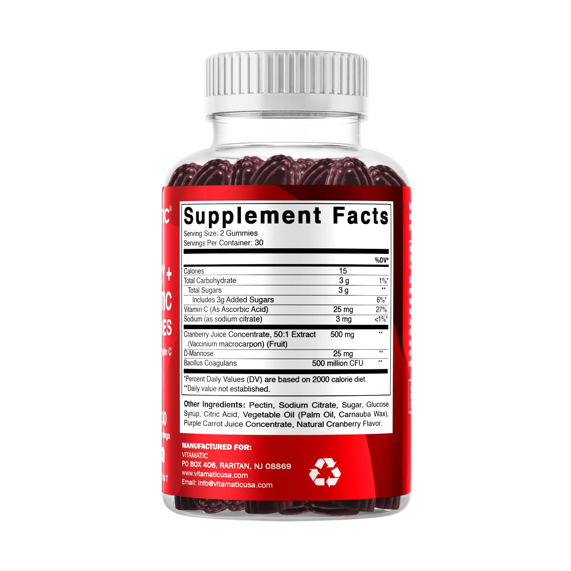 Vitamatic Cranberry Gummies opened bottle with gummies visible