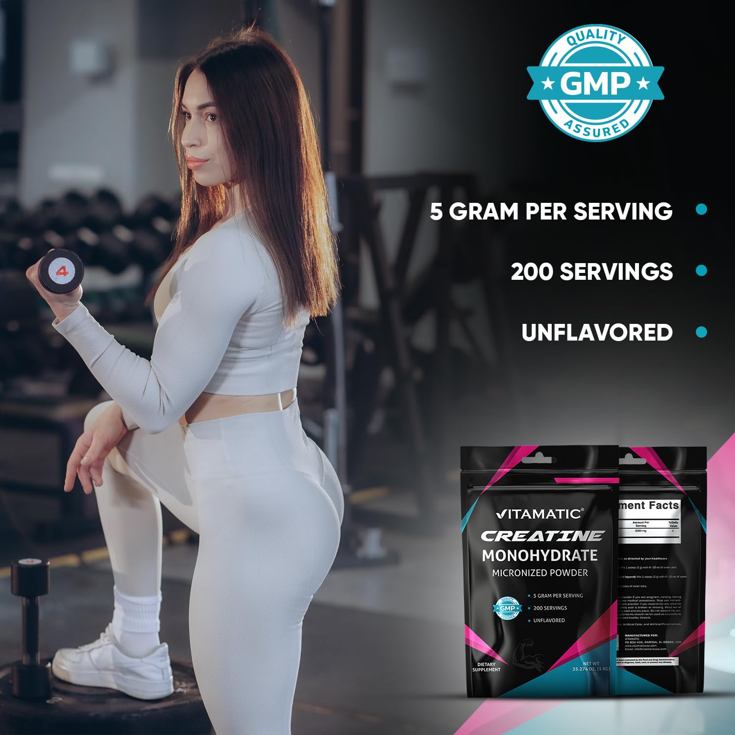 Vitamatic Creatine Monohydrate Powder container with serving scoop