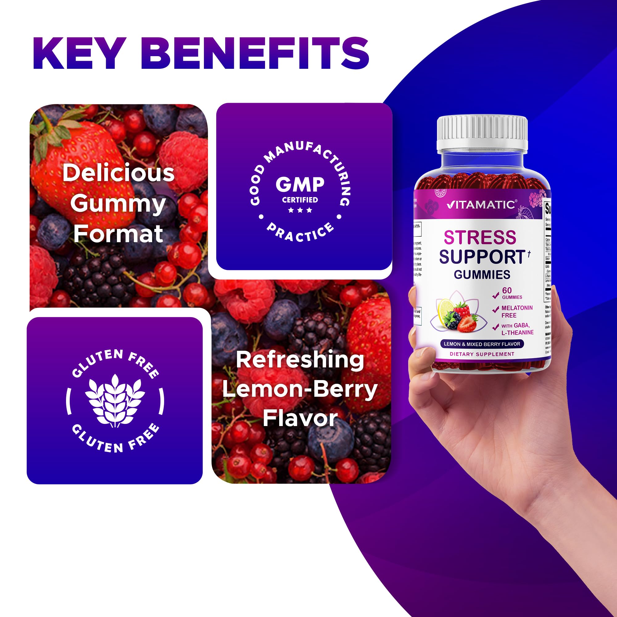Vitamatic daily wellness Gummies bottle side view showing serving size