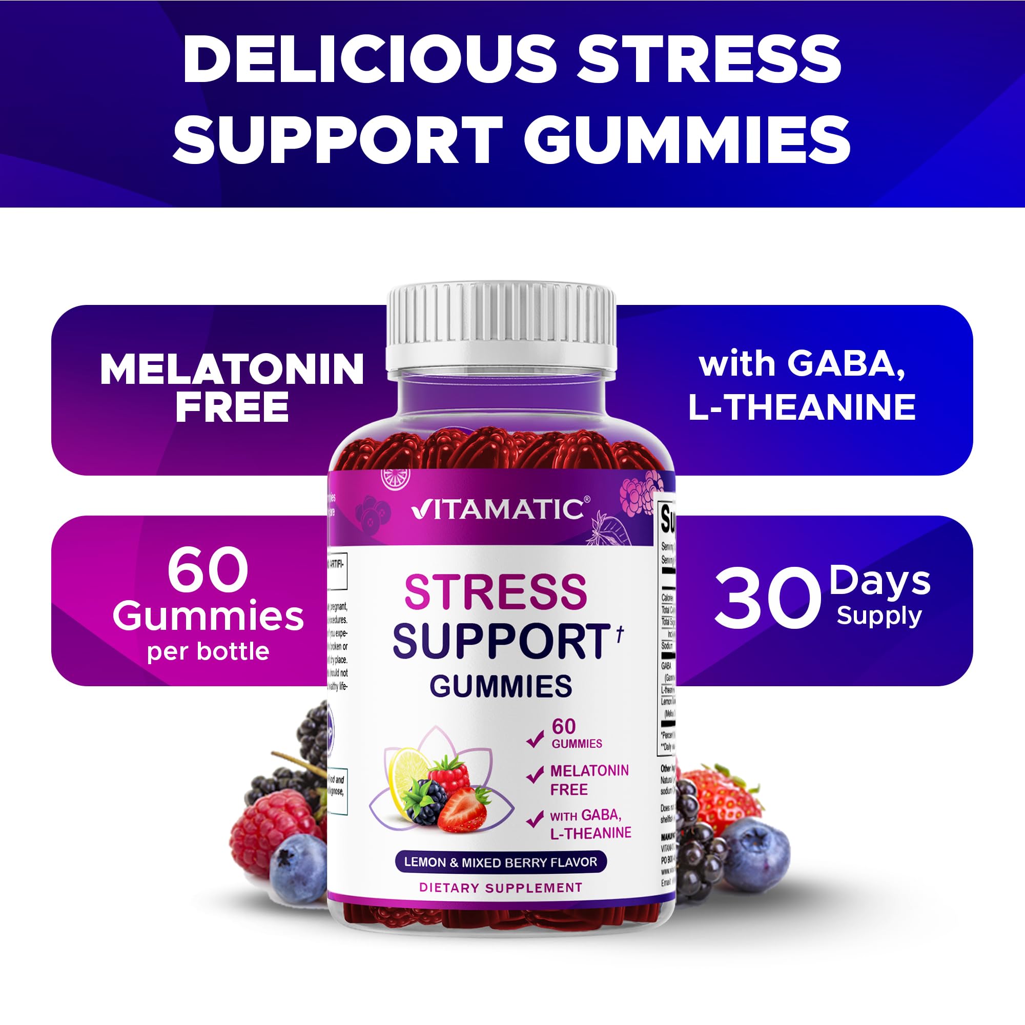 Vitamatic daily wellness Gummies on a wooden table with fresh berries