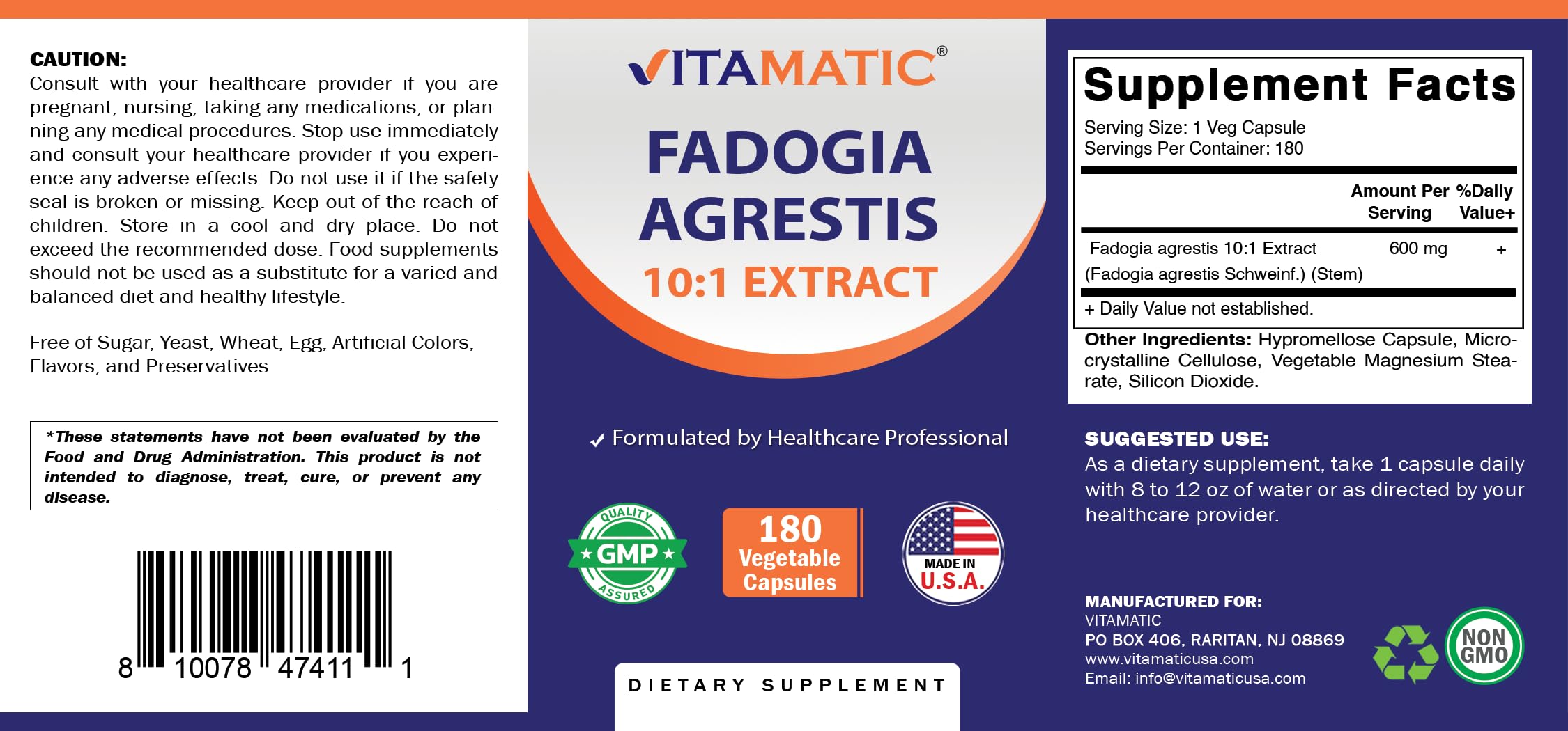 Vitamatic Fadogia Agrestis 10:1 Extract 600 mg Veg Capsules front view