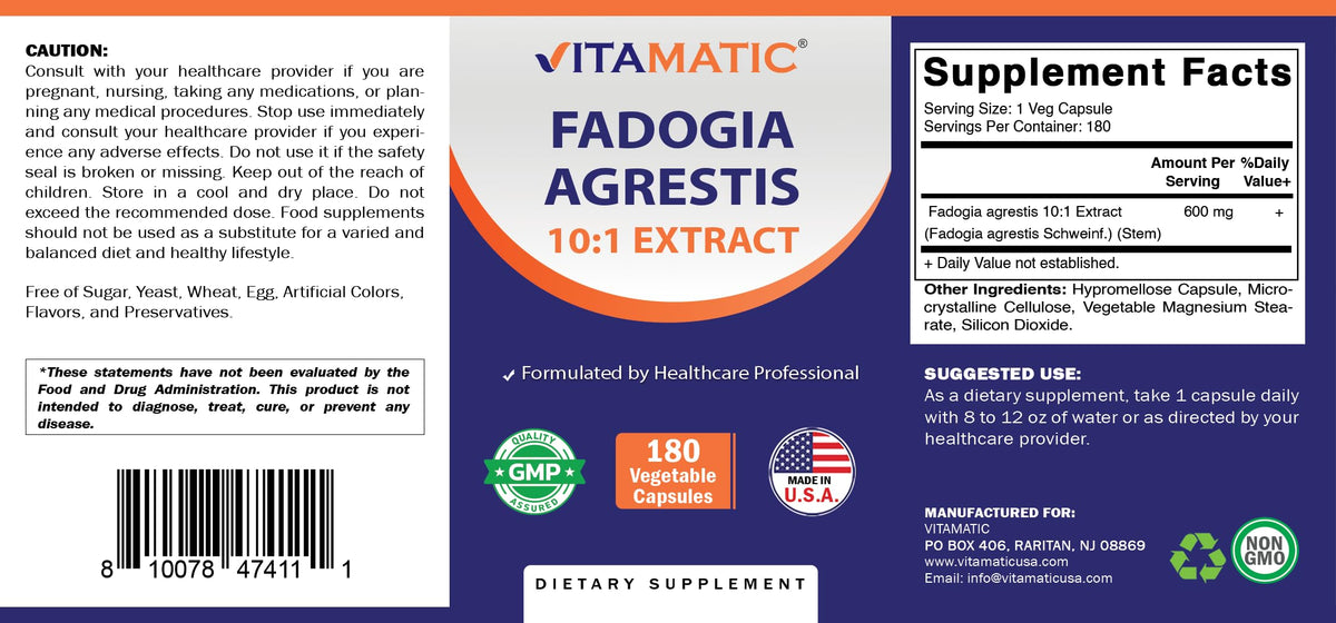 Vitamatic Fadogia Agrestis 10:1 Extract 600 mg Veg Capsules front view