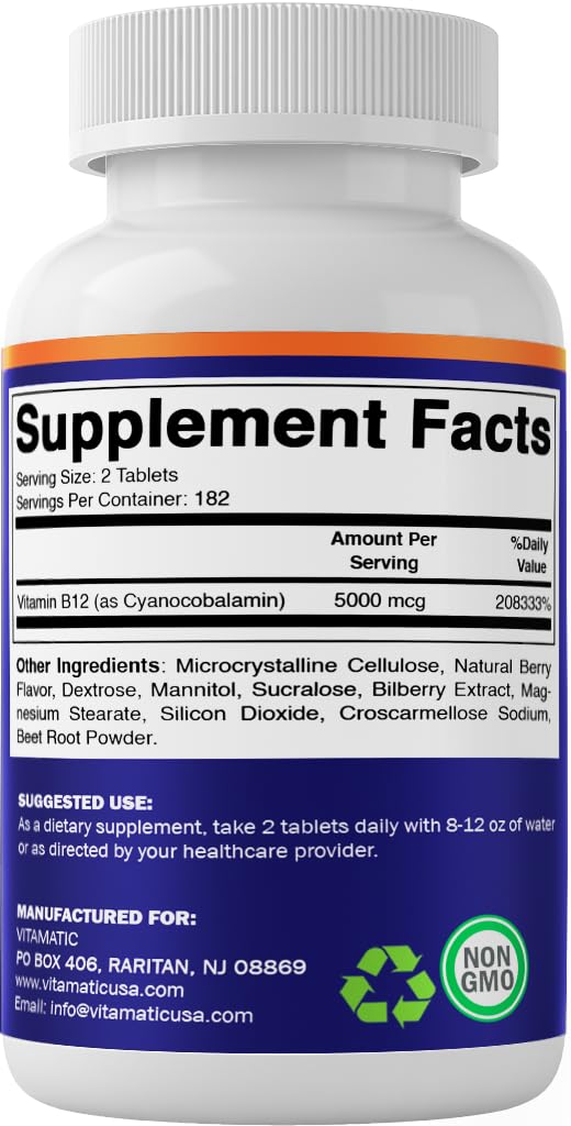 Vitamatic Fast Dissolve B12 Natural Berry Flavour tablet in hand