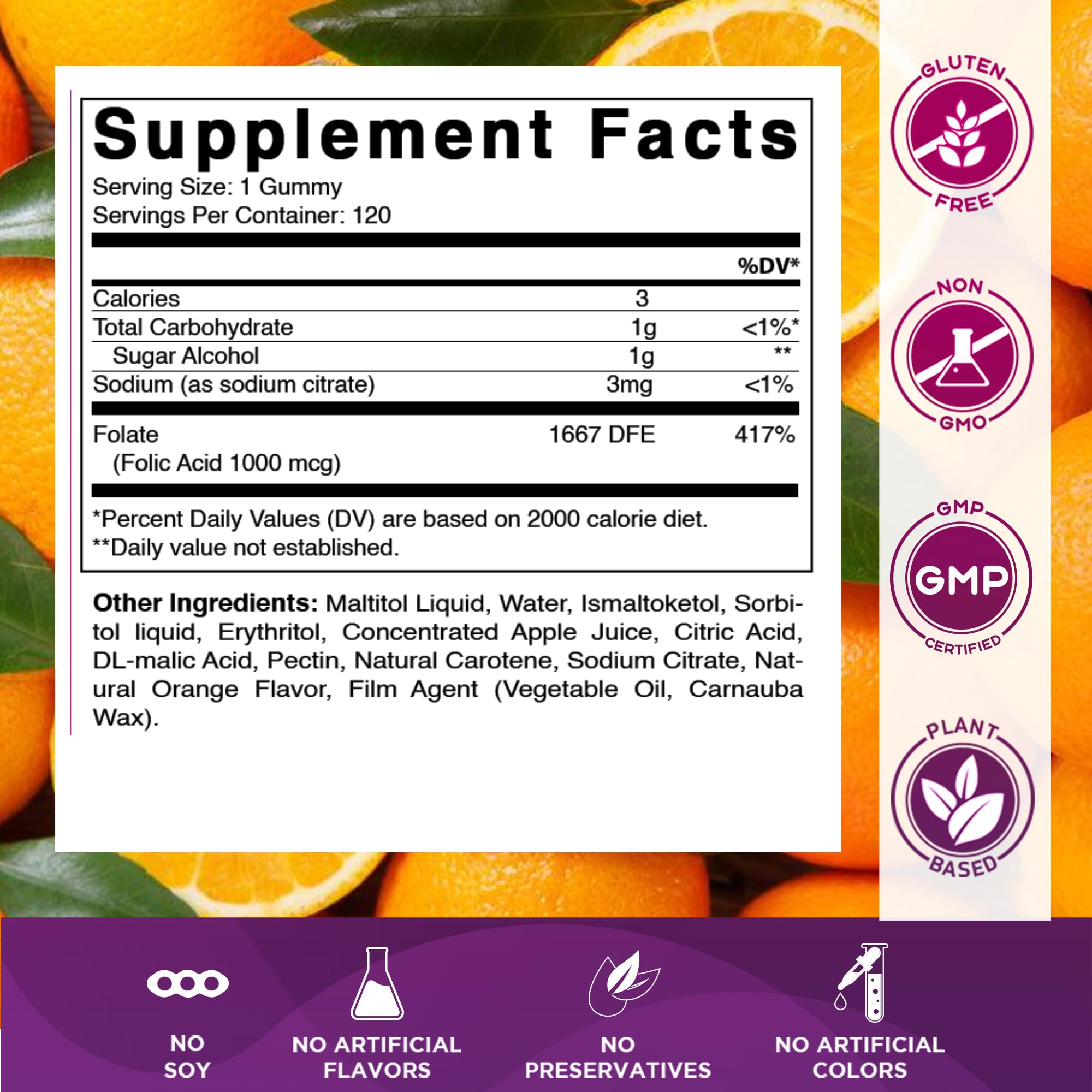 Vitamatic Folic Acid Gummies 1000 mcg bottle side view