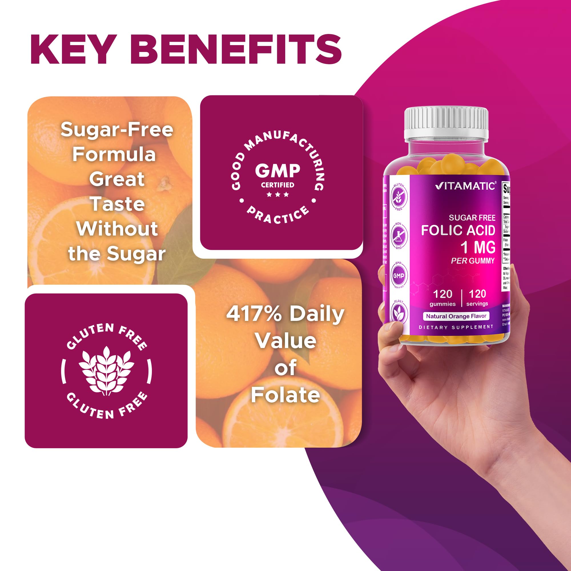 Vitamatic Folic Acid Gummies 1000 mcg bottle with lid open