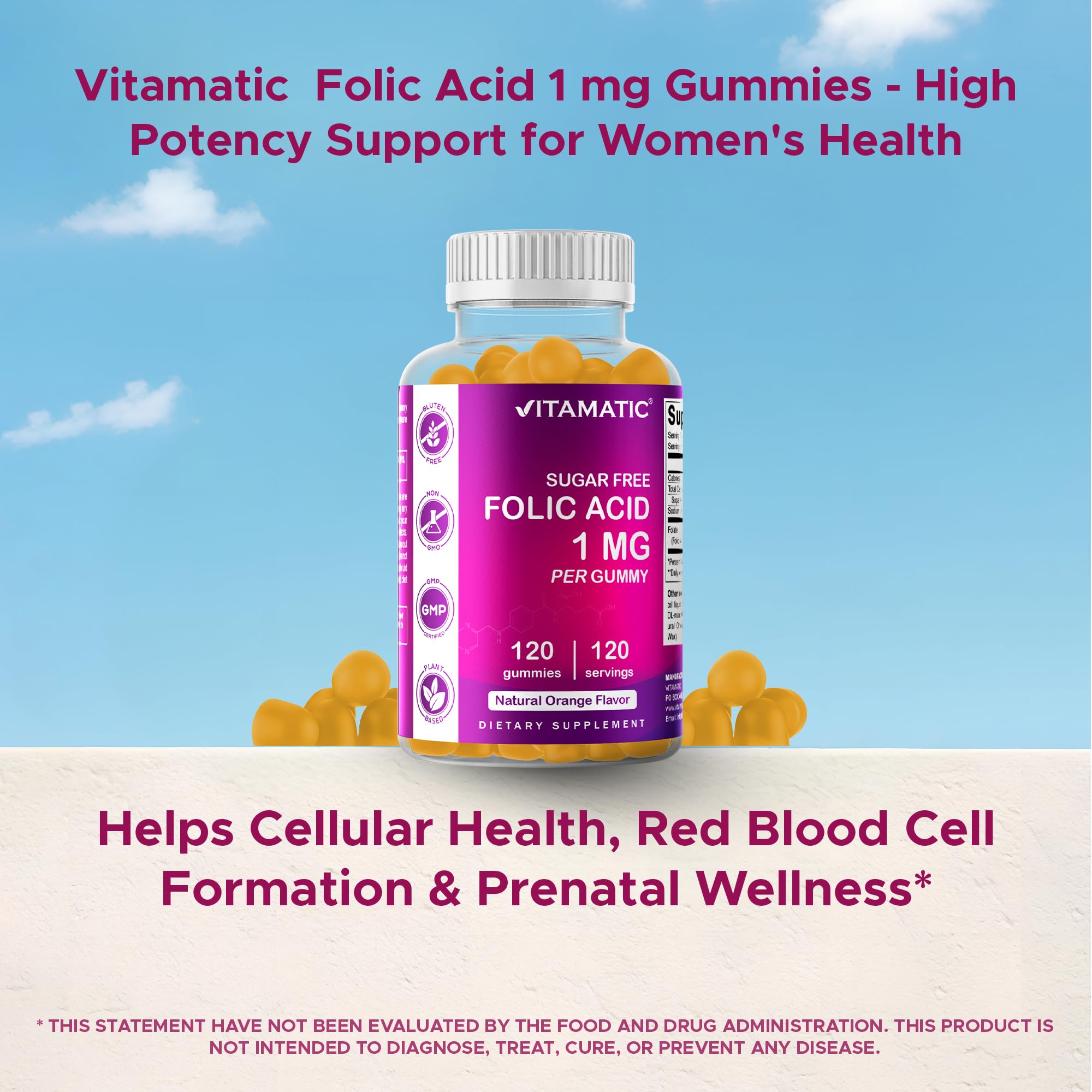 Vitamatic Folic Acid Gummies 1000 mcg gummies close-up
