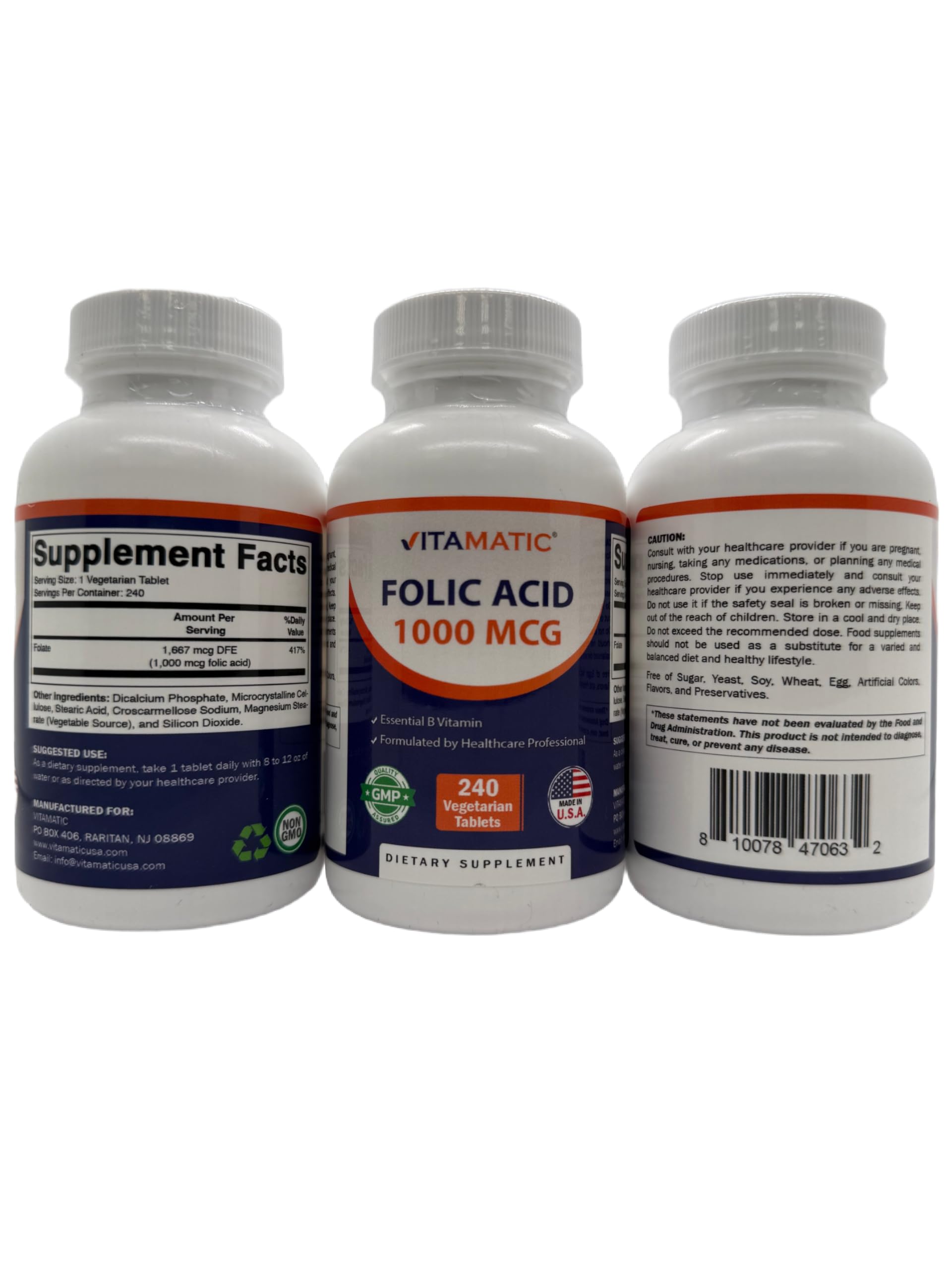 Vitamatic Folic Acid Supplement front view with packaging