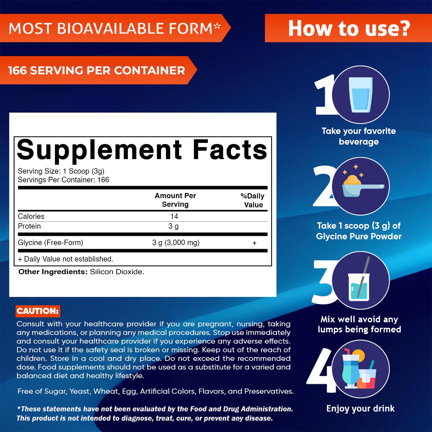Vitamatic Glycine Pure Powder 3000mg back view with nutritional information