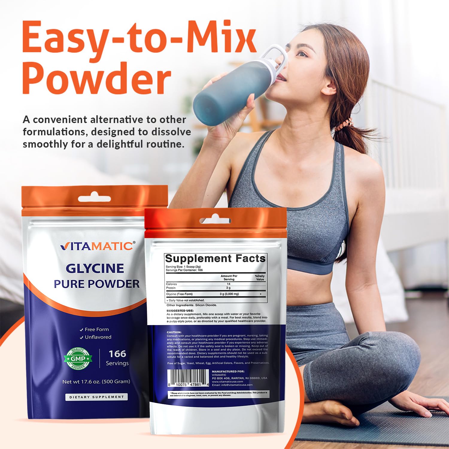 Vitamatic Glycine Pure Powder 3000mg side view showing packaging
