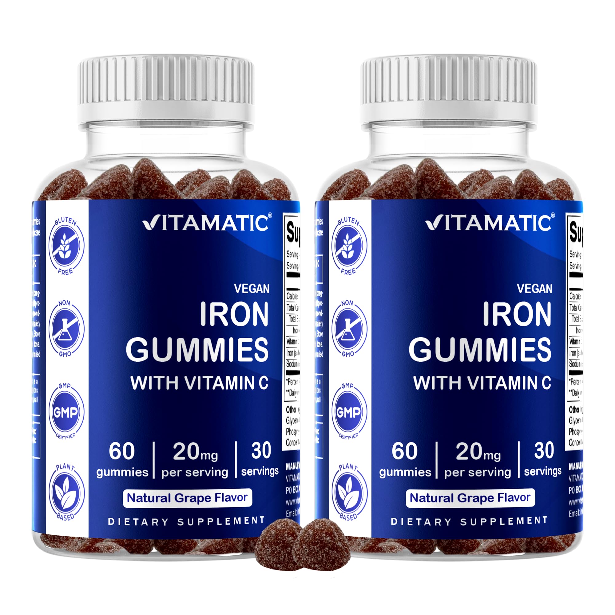 Vitamatic Iron Gummies 20mg front view with natural grape flavour