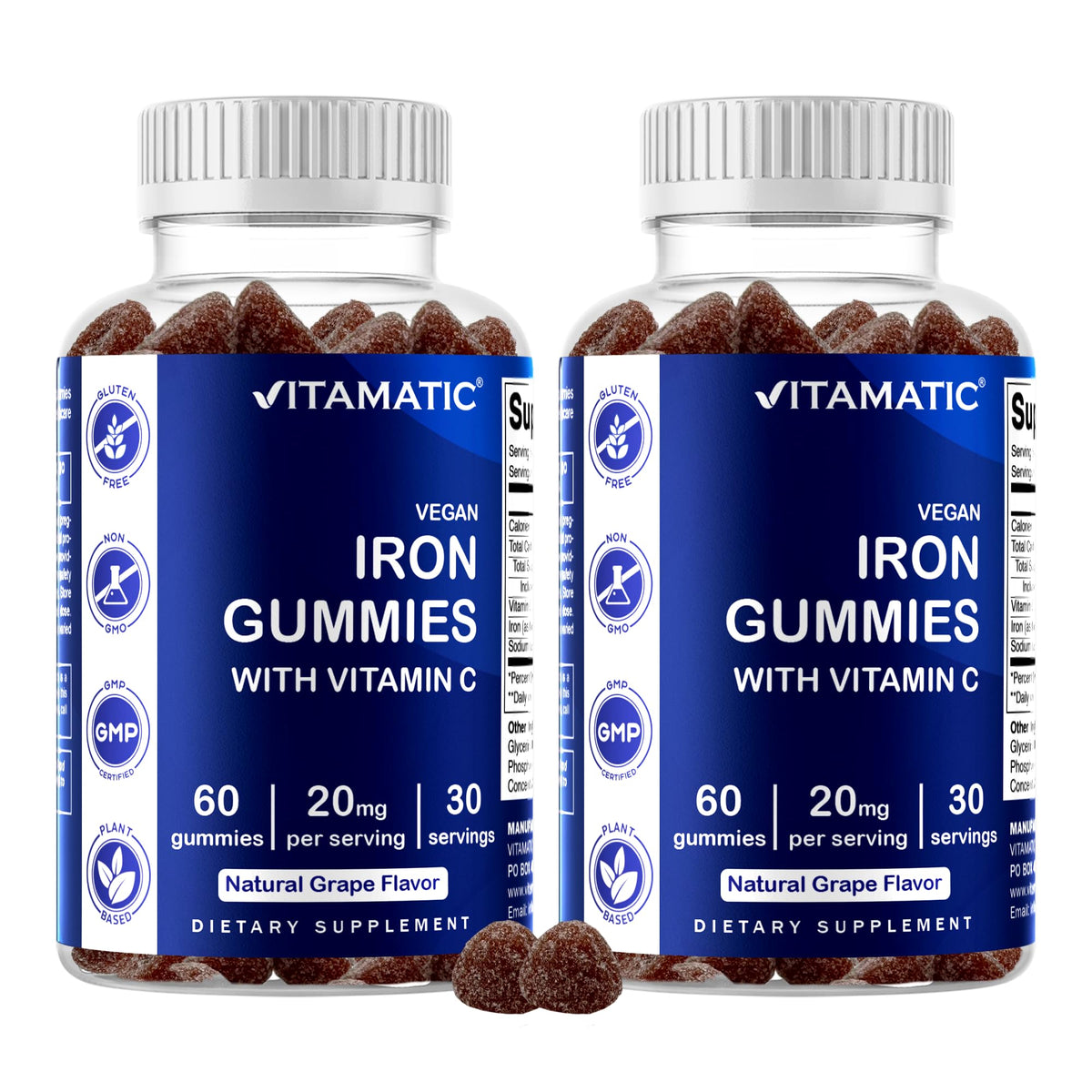 Vitamatic Iron Gummies 20mg front view with natural grape flavour