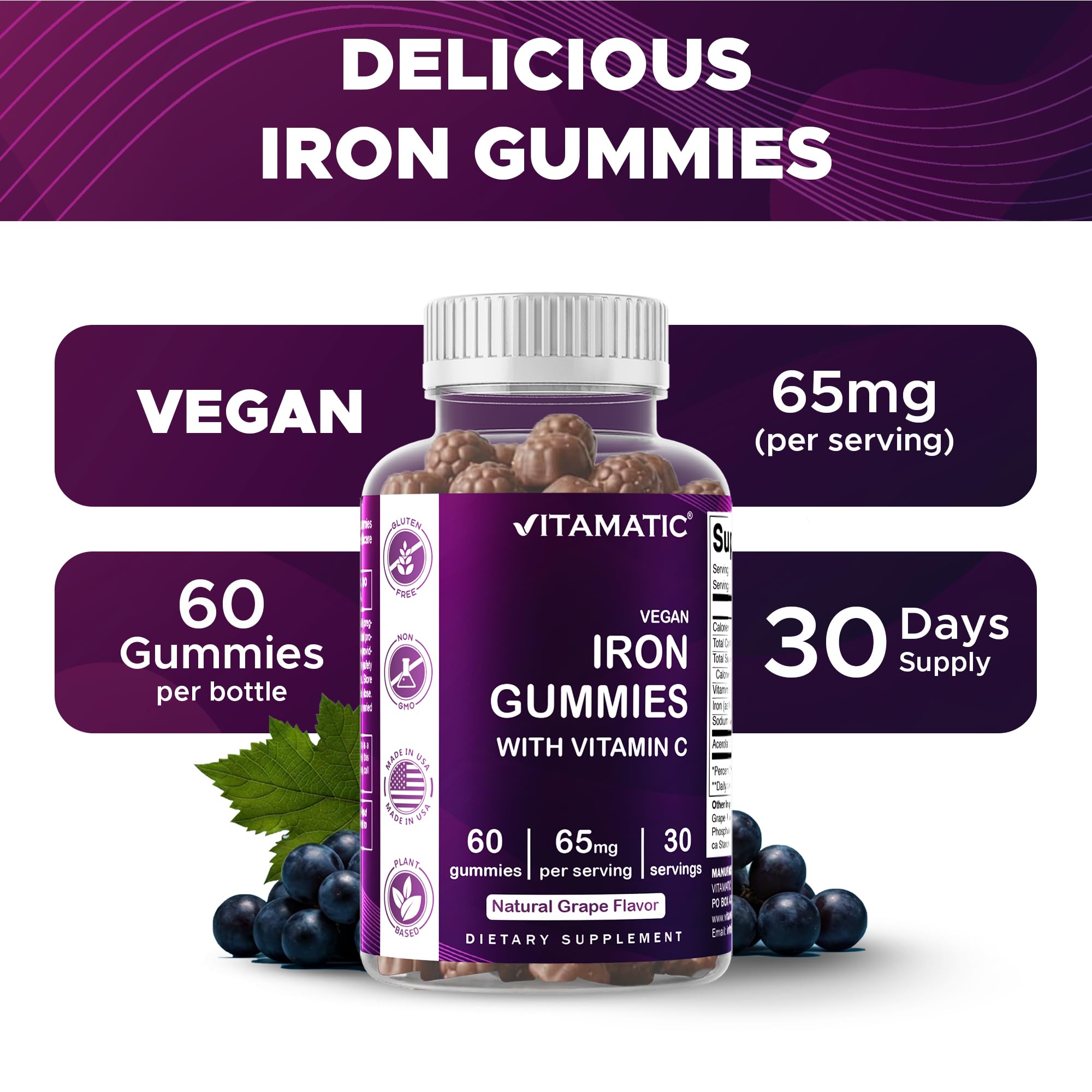 Vitamatic Iron Gummies displayed on a wooden table