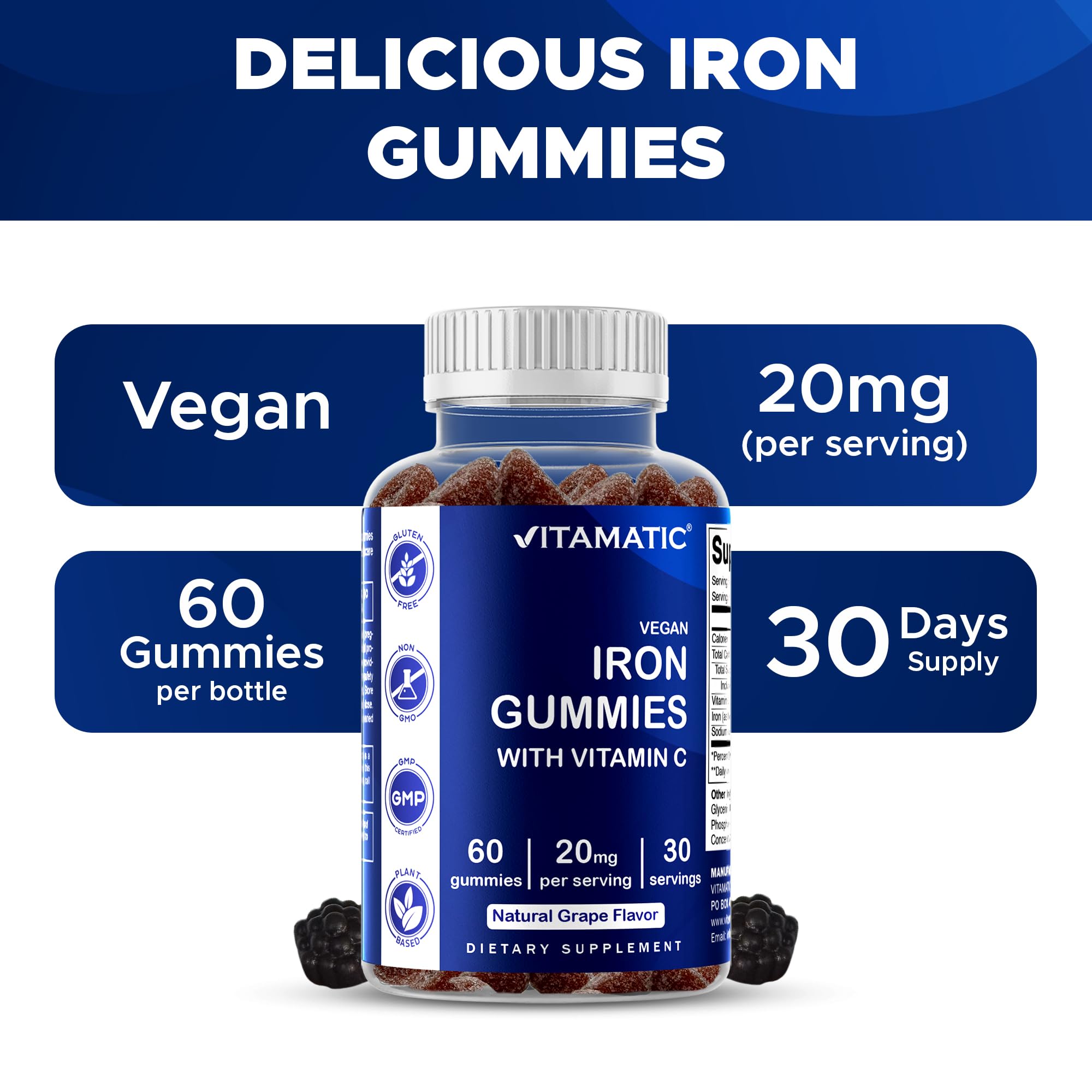 Vitamatic Iron Gummies displayed on a wooden table