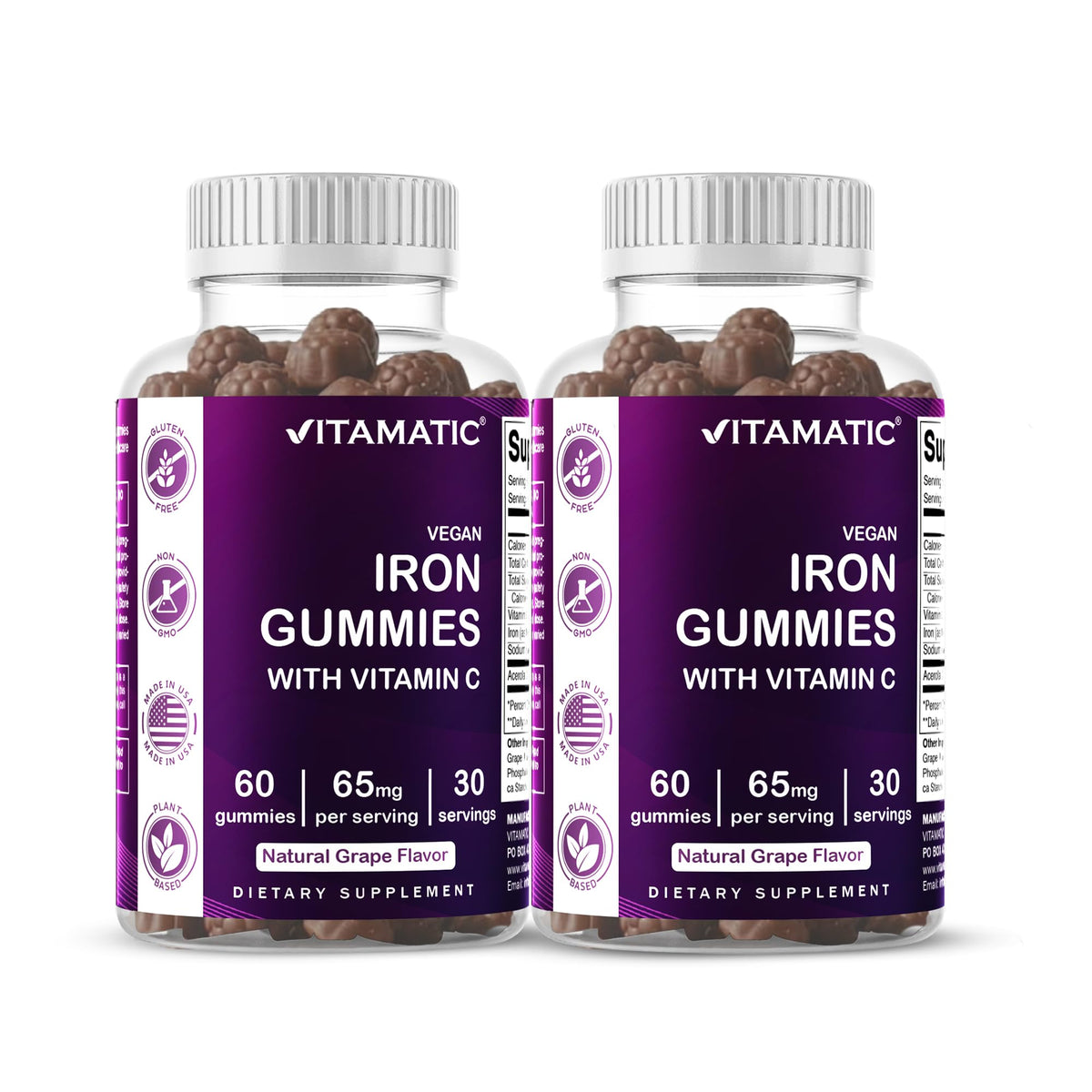Vitamatic Iron Gummies front view packaging with natural grape flavour