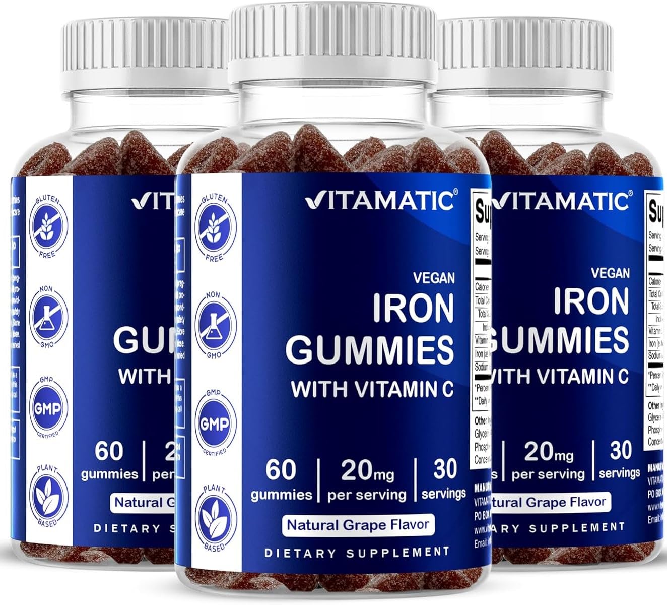 Vitamatic Iron Gummies front view with grape flavour packaging