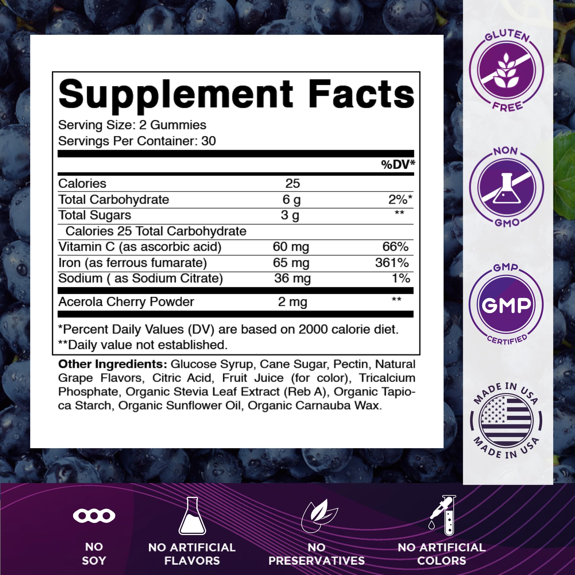 Vitamatic Iron Gummies packaging showing ingredients