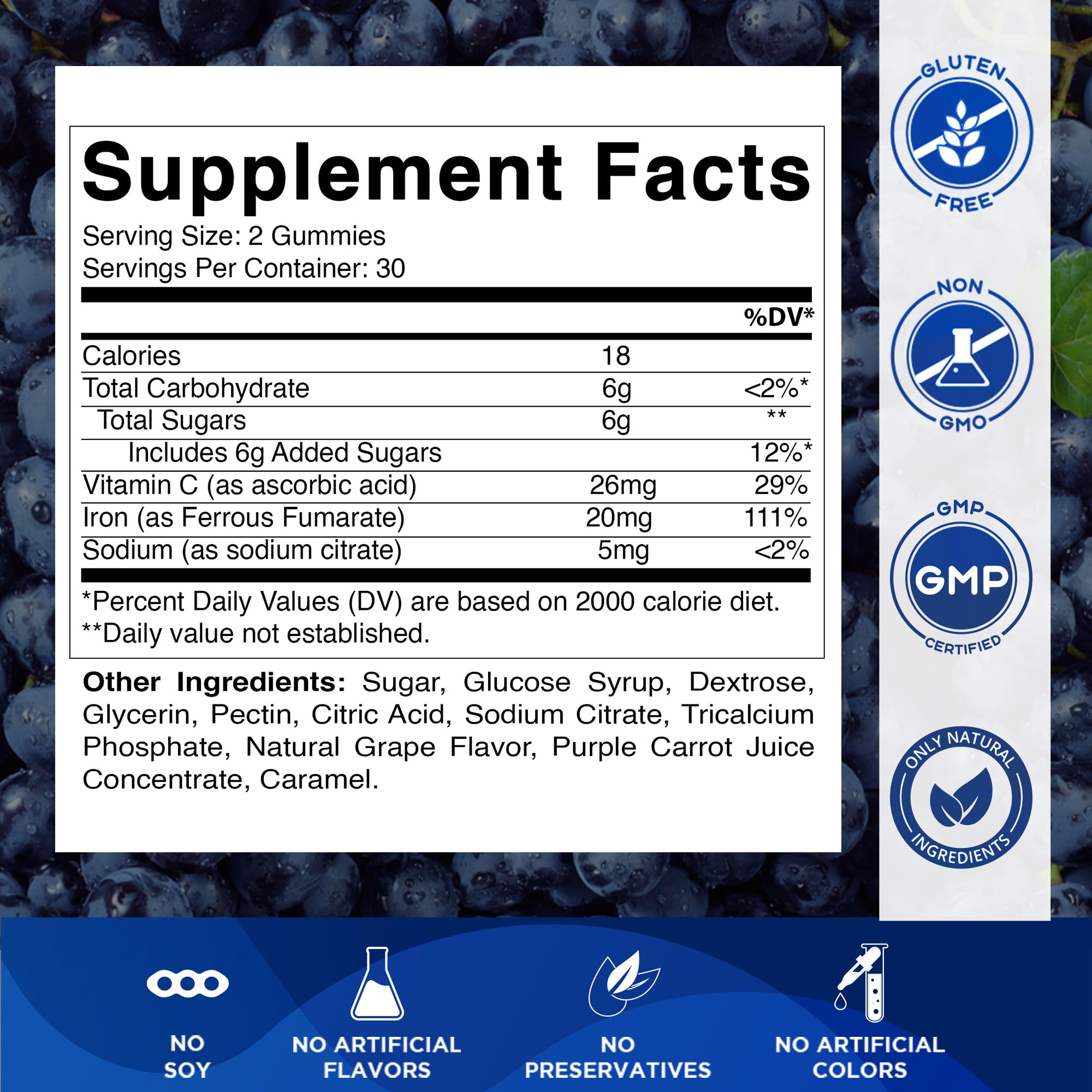 Vitamatic Iron Gummies packaging showing ingredients list