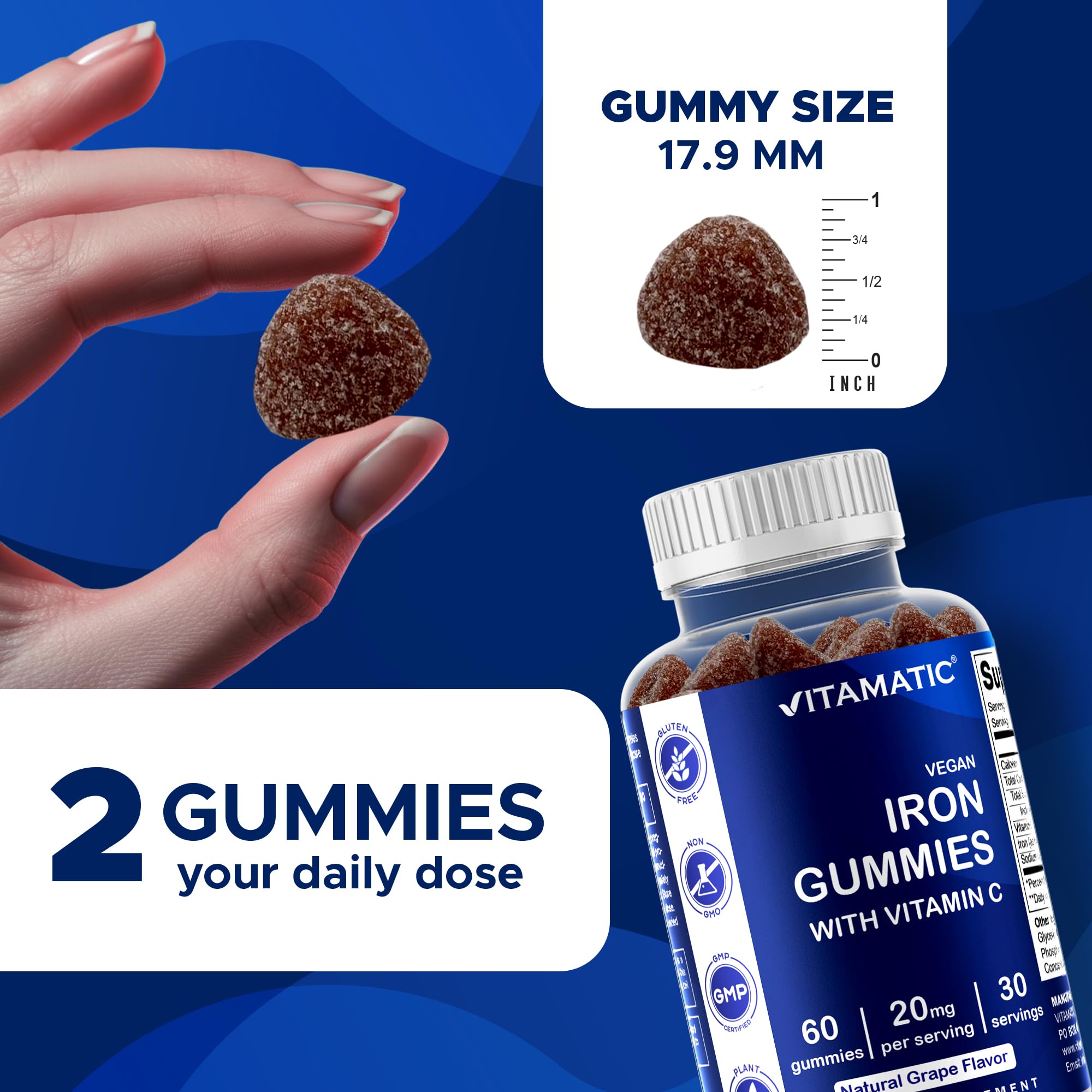 Vitamatic Iron Gummies with a hand holding the bottle
