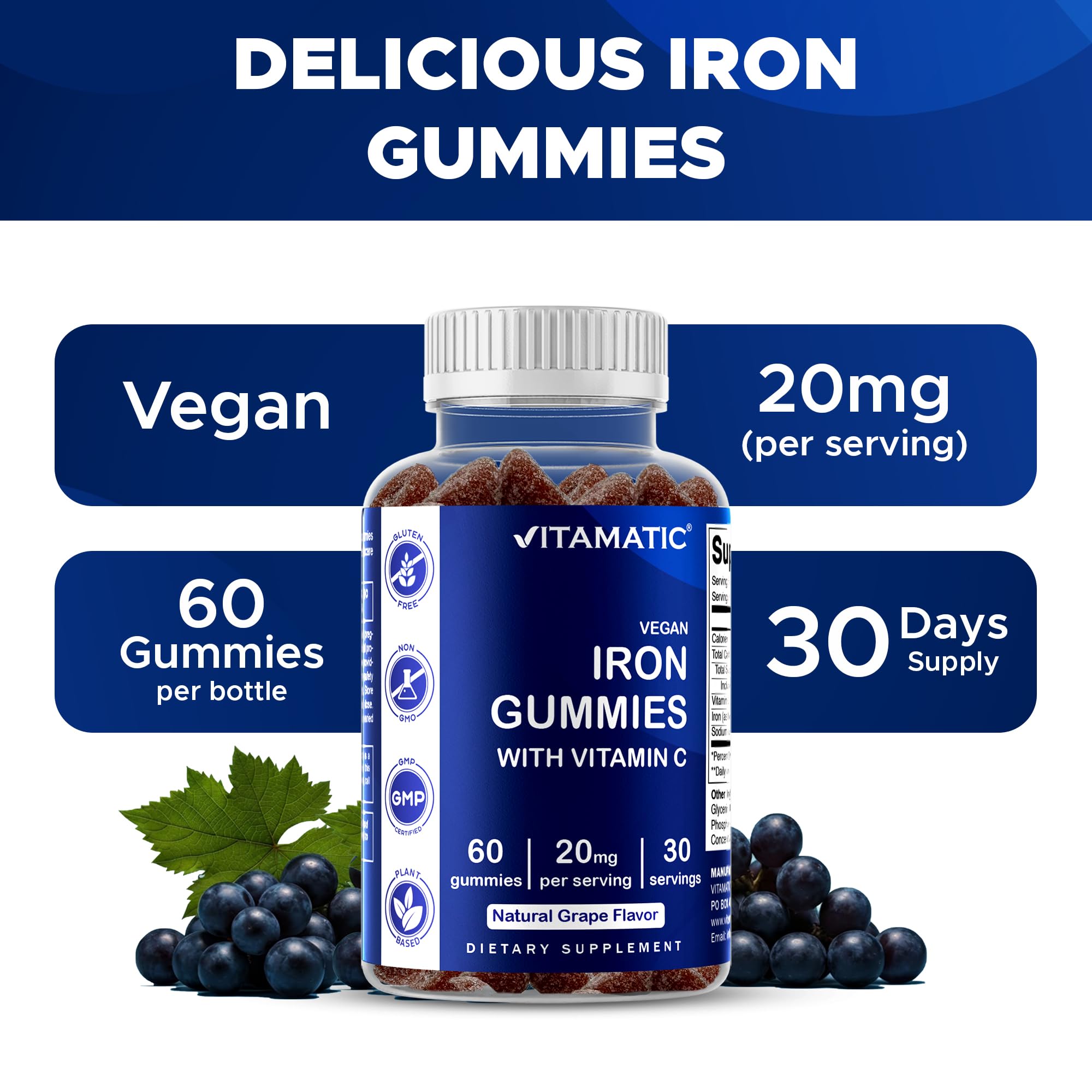 Vitamatic Iron Gummies with fresh grapes for context