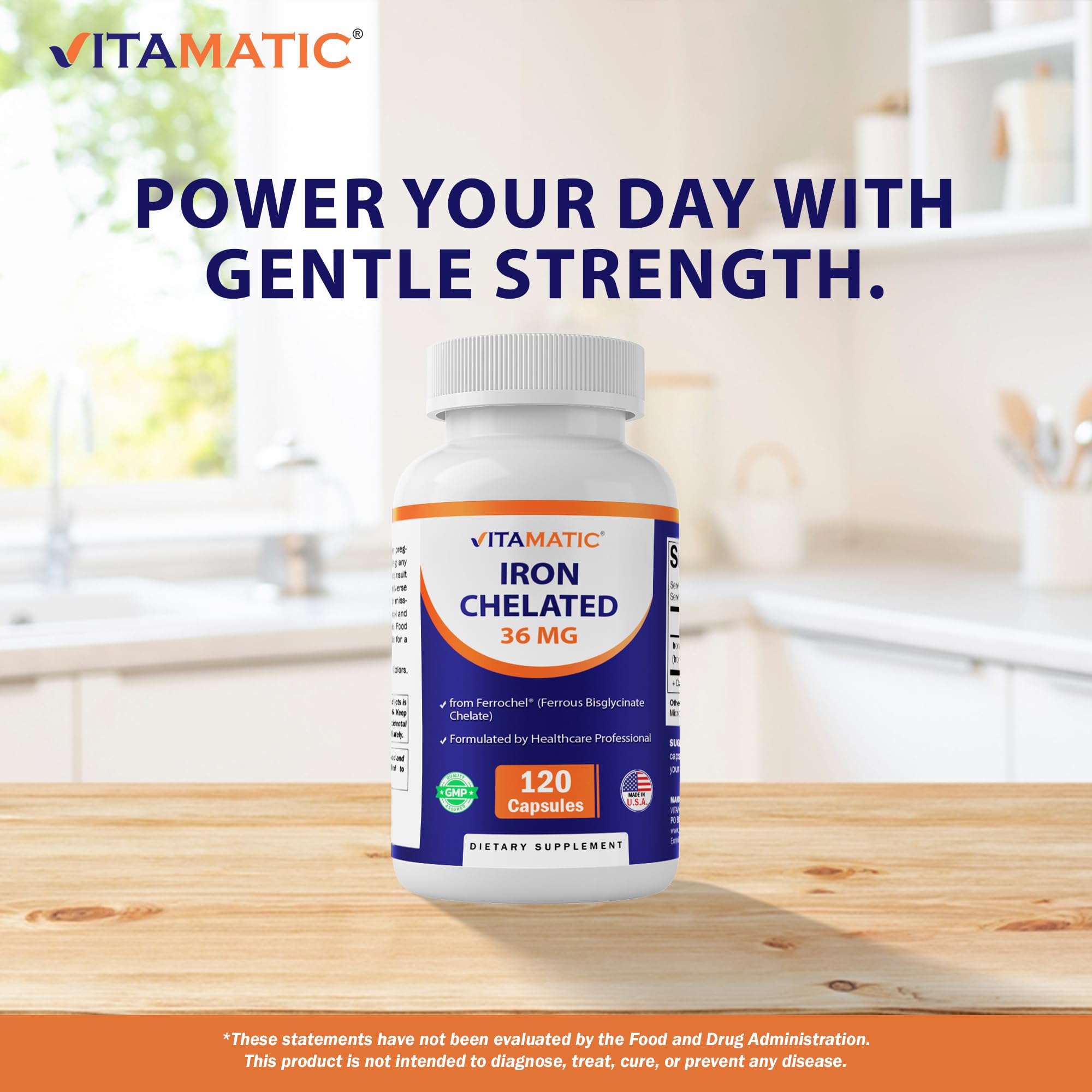 Vitamatic Iron Supplement bottle with cap off and capsules displayed