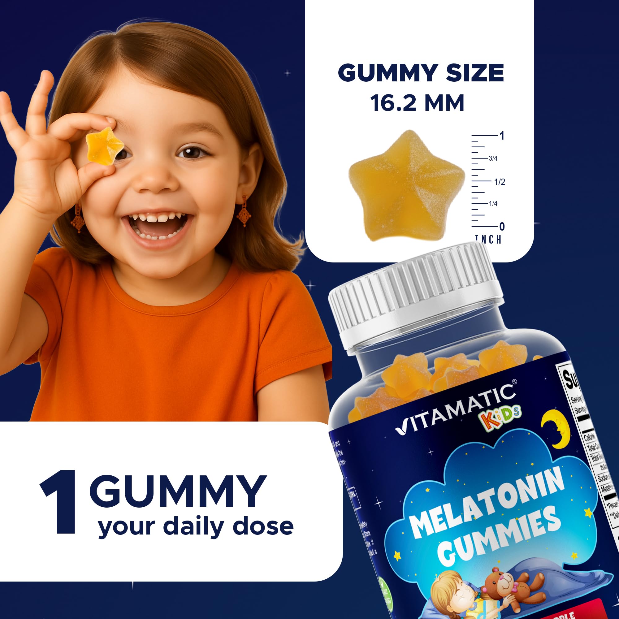 Vitamatic Kids Melatonin Gummies 1mg back view with ingredient list