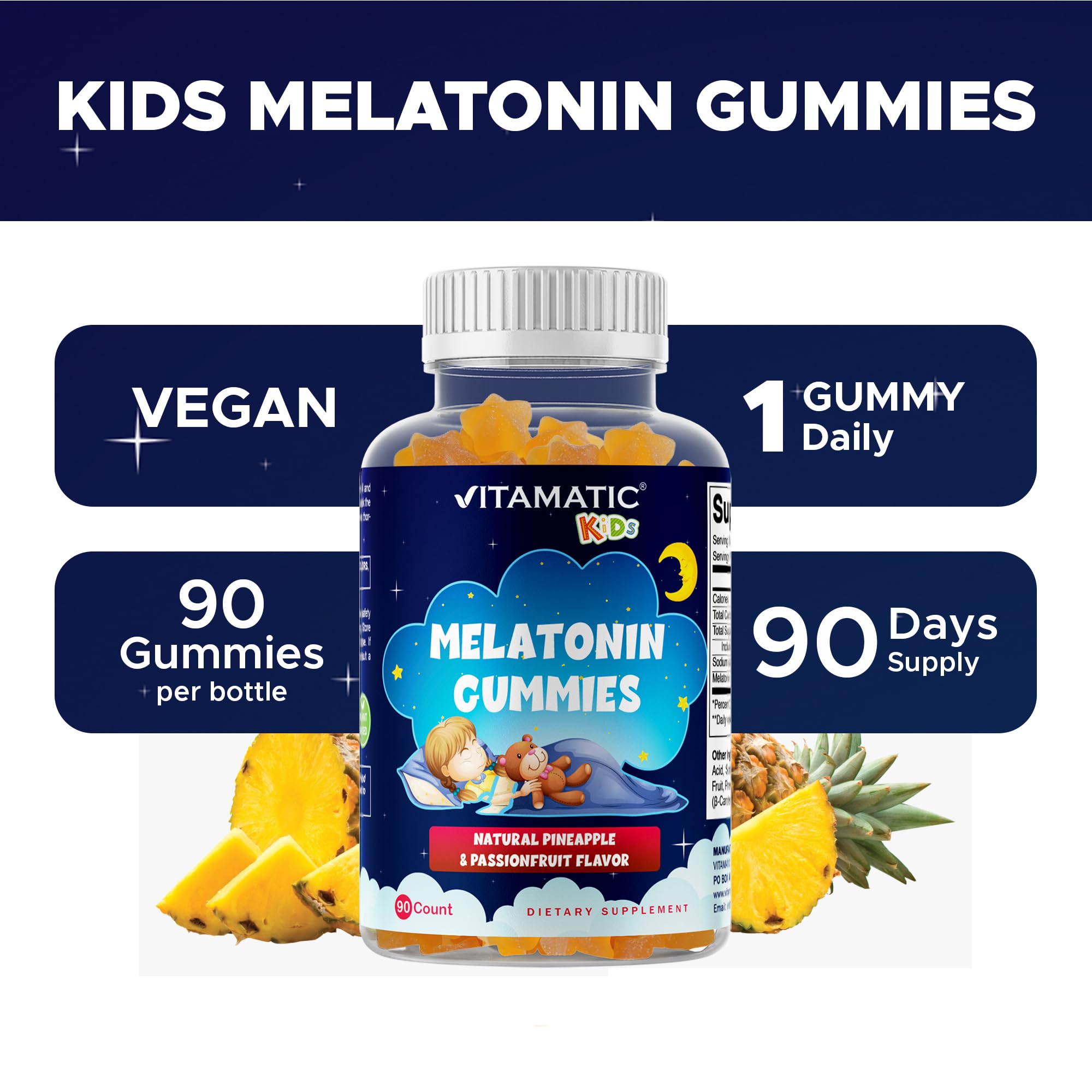 Vitamatic Kids Melatonin Gummies 1mg with natural pineapple and passion fruit