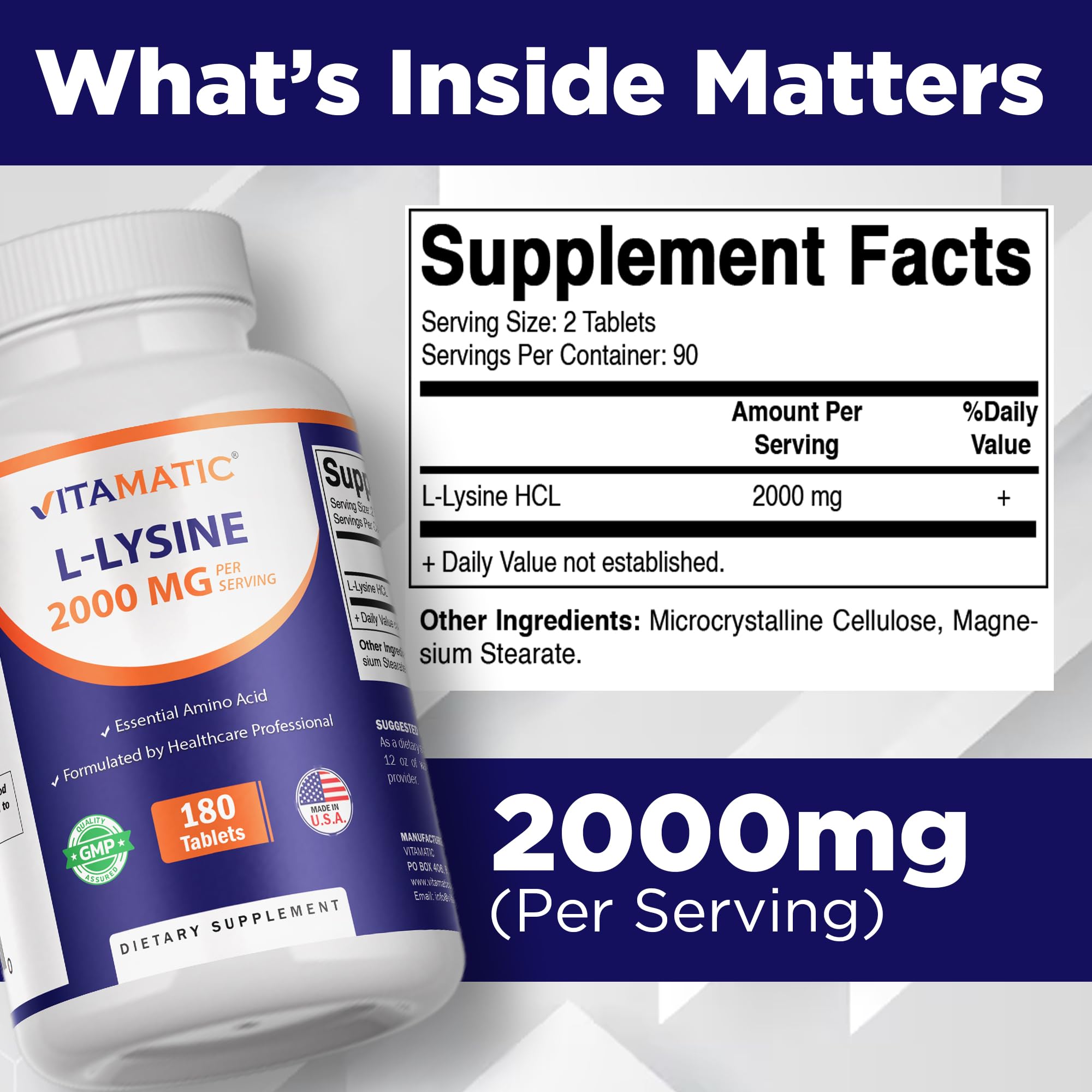 Vitamatic L-Lysine Tablets 2000mg close-up of tablets