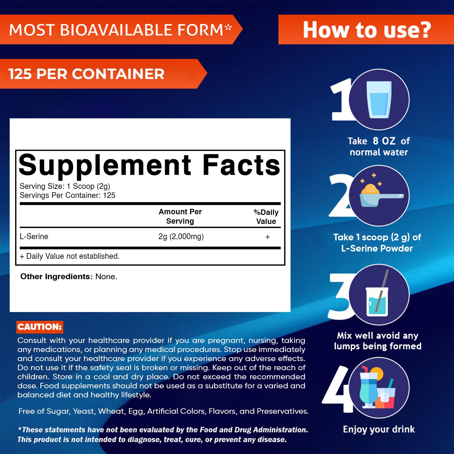 Vitamatic L-Serine Powder 250g back view with ingredient list