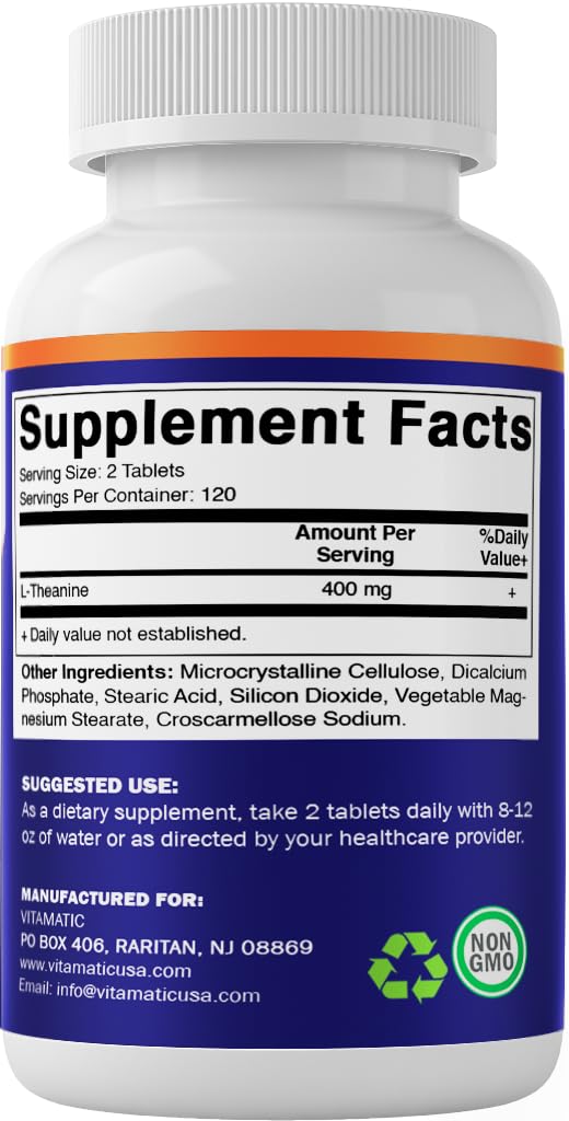 Vitamatic L-Theanine tablets with packaging