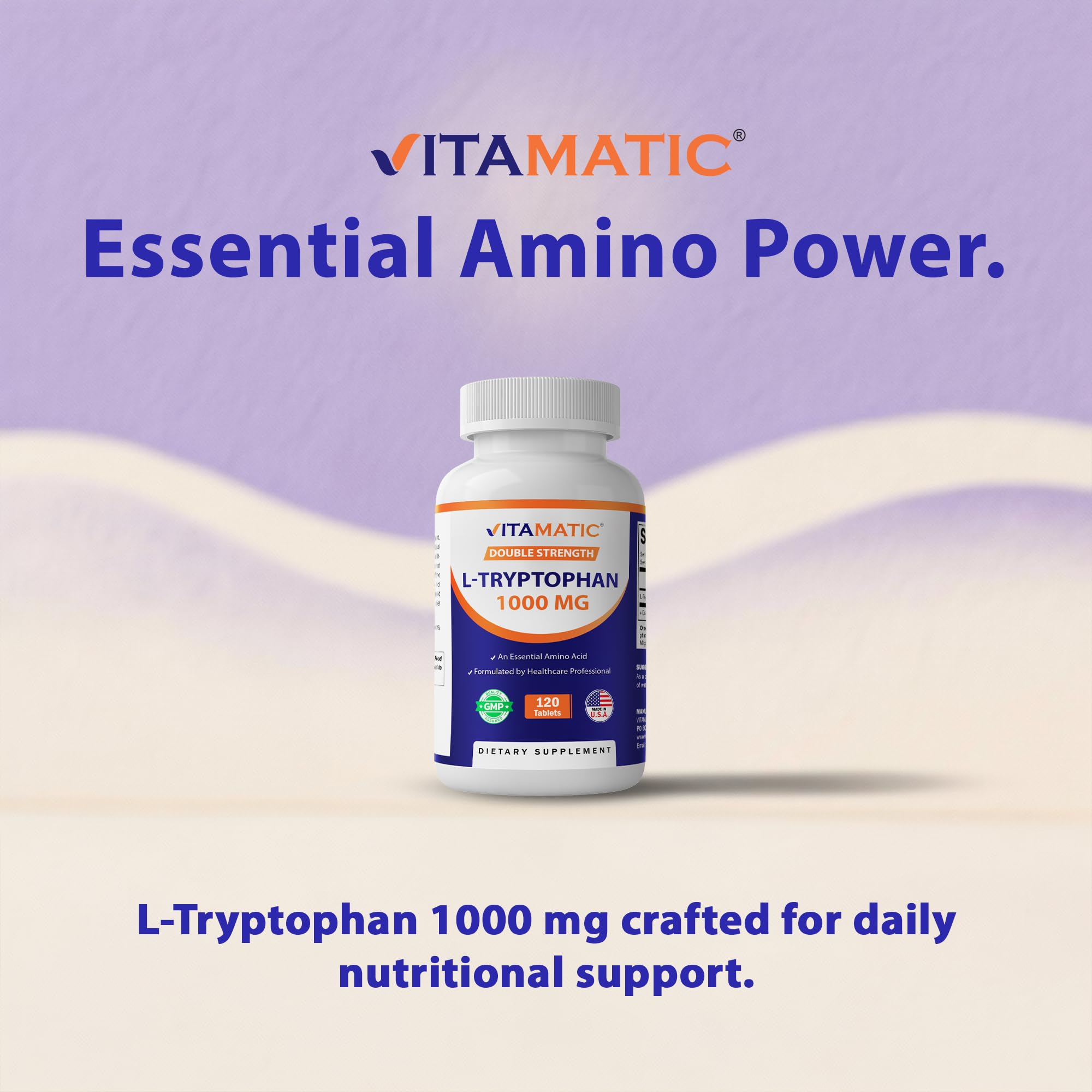 Vitamatic L-Tryptophan 1000 mg bottle opened with tablets