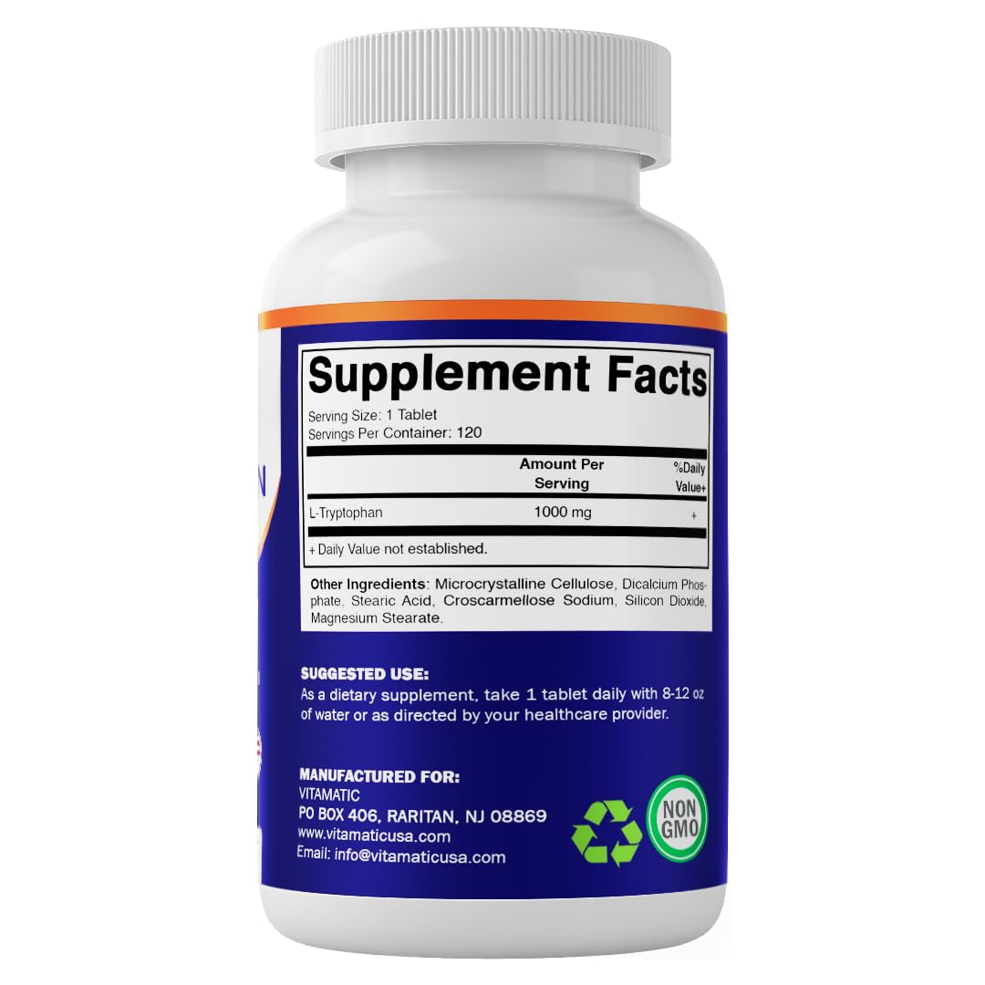 Vitamatic L-Tryptophan 1000 mg tablets in a hand