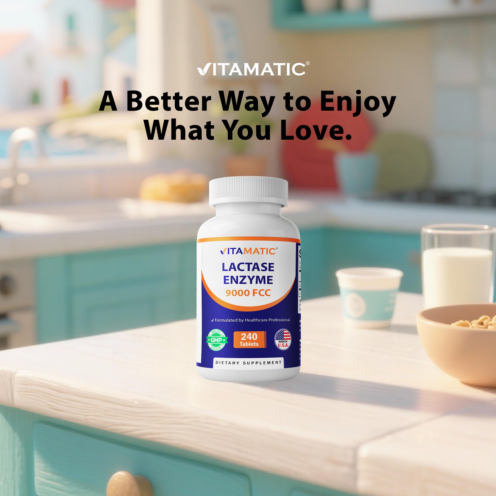 Vitamatic Lactose Intolerance Relief Caplets on a kitchen counter
