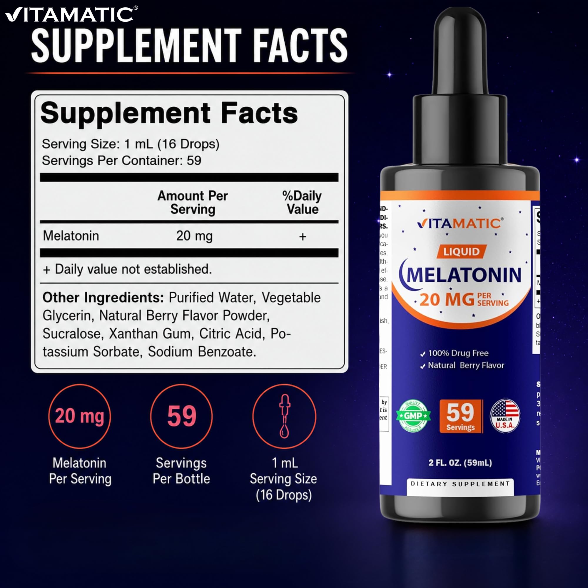 Vitamatic Liquid Melatonin 20 mg 2 fl oz bottle side view