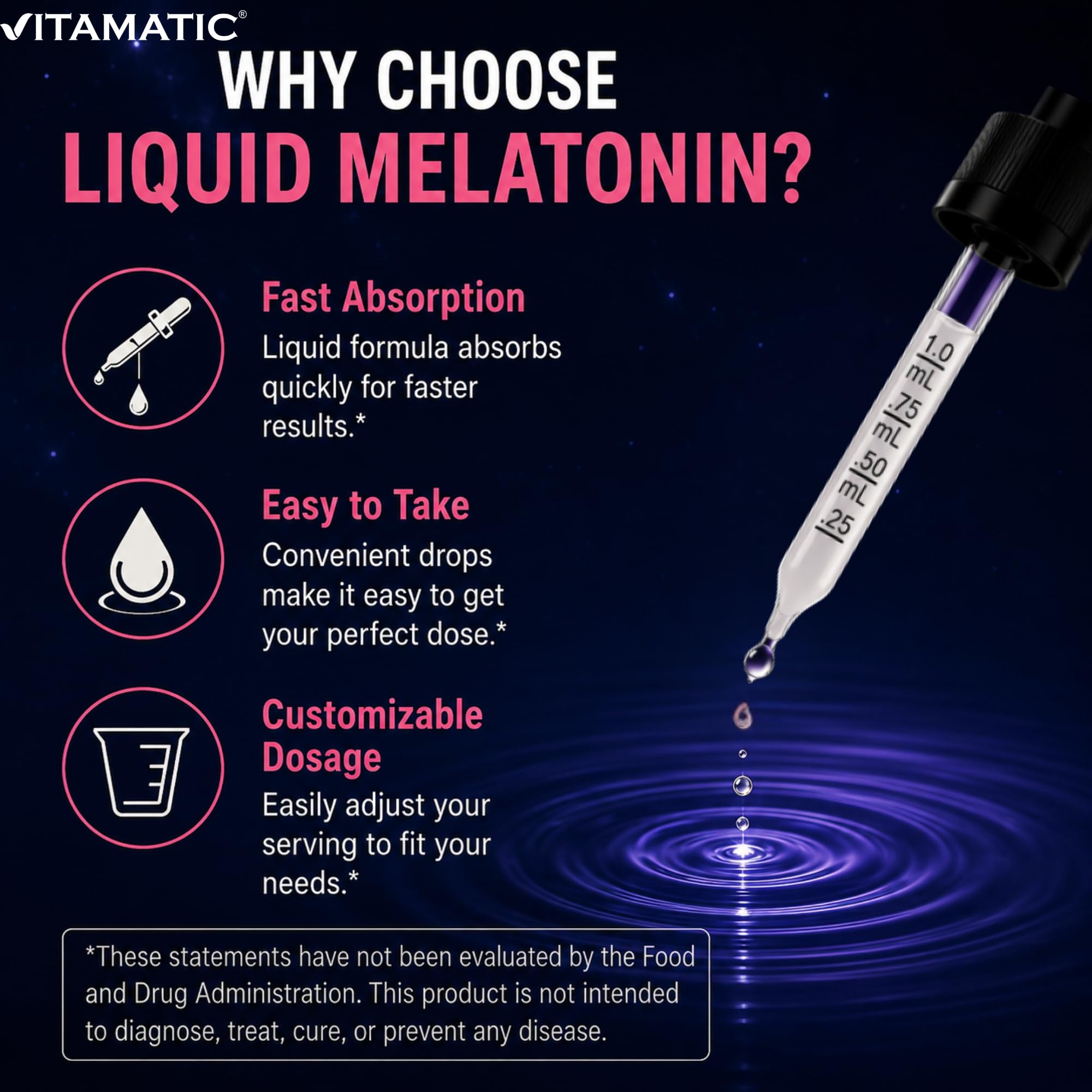 Vitamatic Liquid Melatonin 20 mg bottle with measuring drops