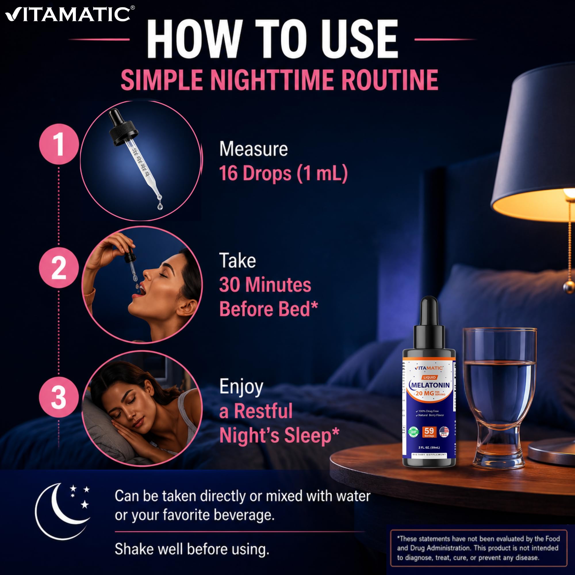 Vitamatic Liquid Melatonin 20 mg dropper with liquid