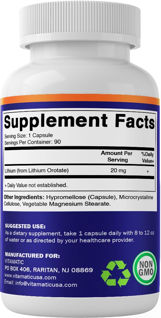Vitamatic Lithium Orotate Supplement bottle with dosage information