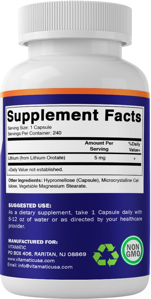 Vitamatic Lithium Orotate Supplement capsules in a hand