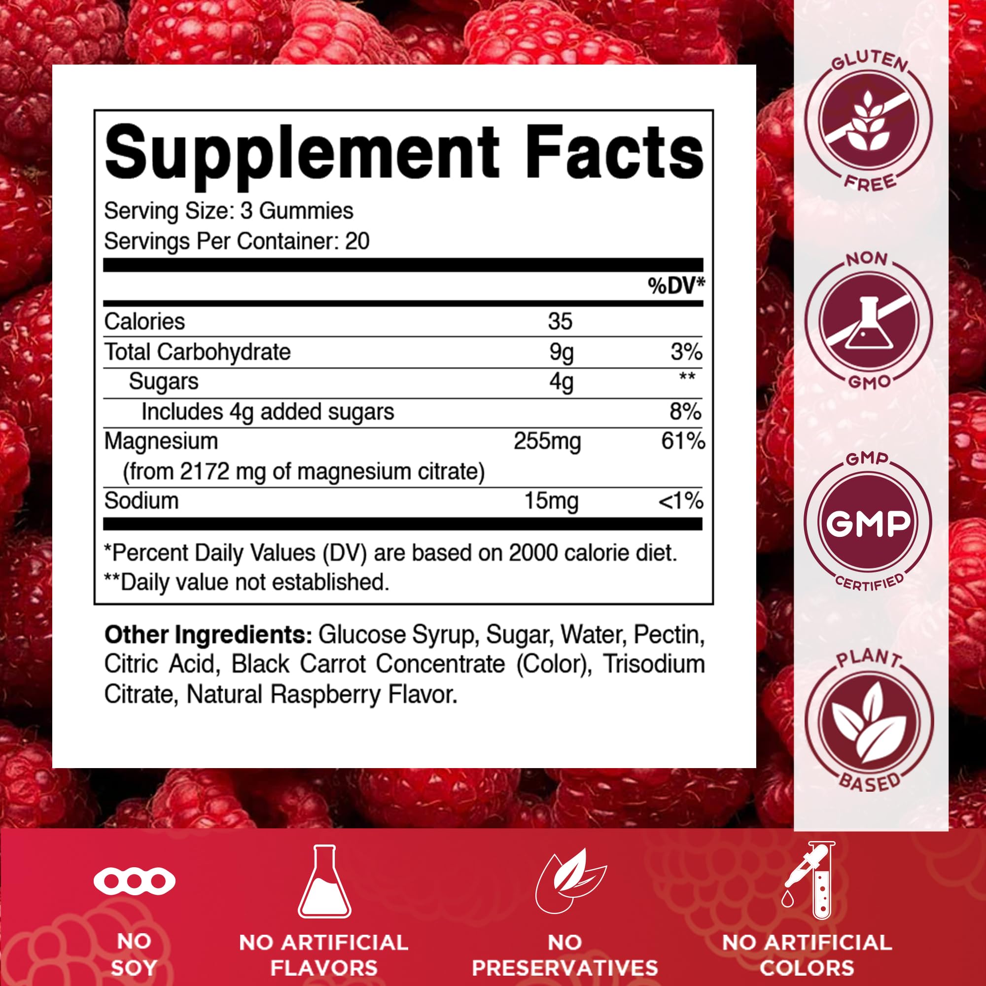 Vitamatic Magnesium Gummies 255mg side view with natural raspberry flavour