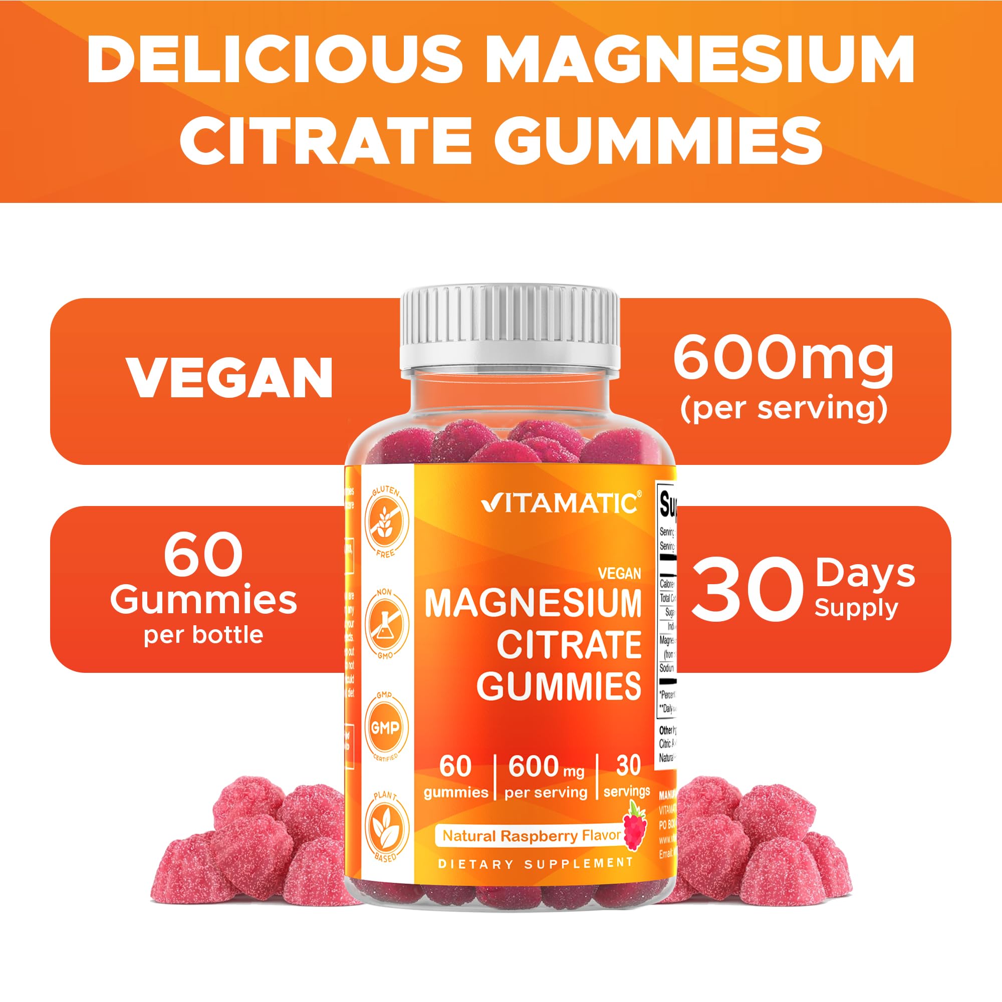 Vitamatic Magnesium Gummies displayed with fresh raspberries