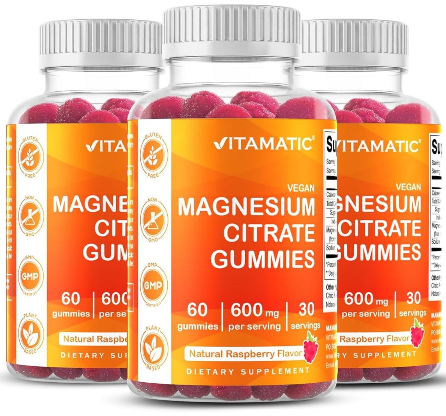 Vitamatic Magnesium Gummies front view with natural raspberry flavour
