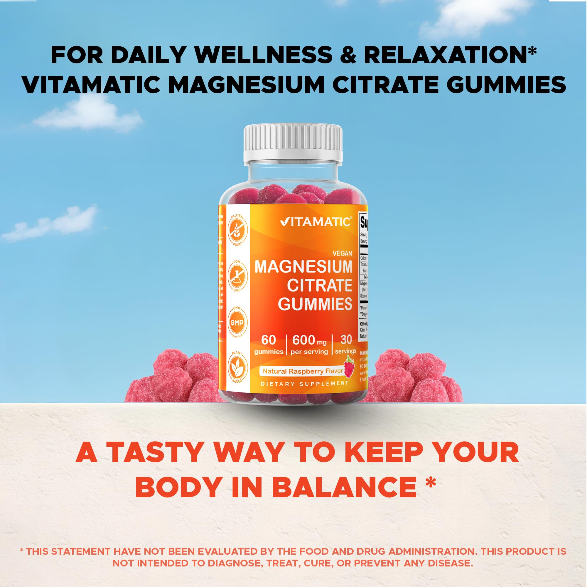 Vitamatic Magnesium Gummies with a handful of gummies