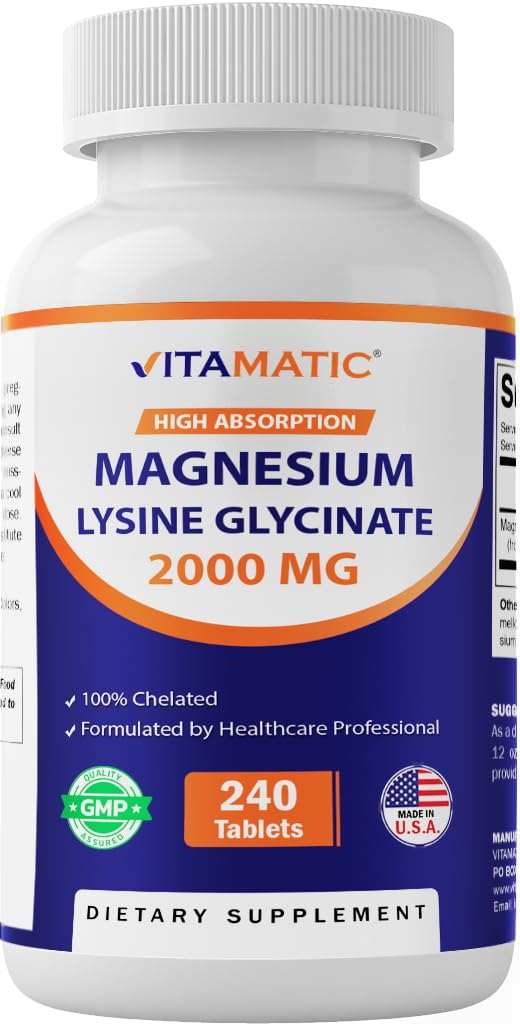 Vitamatic Magnesium Lysinate Glycinate 2000mg capsule bottle front view