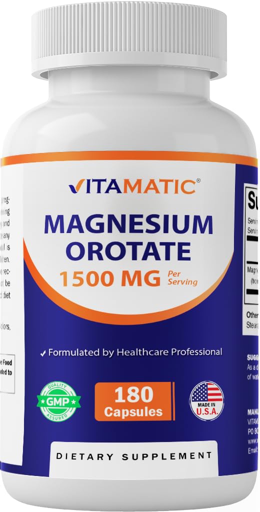 Vitamatic Magnesium Orotate Capsules front view with label