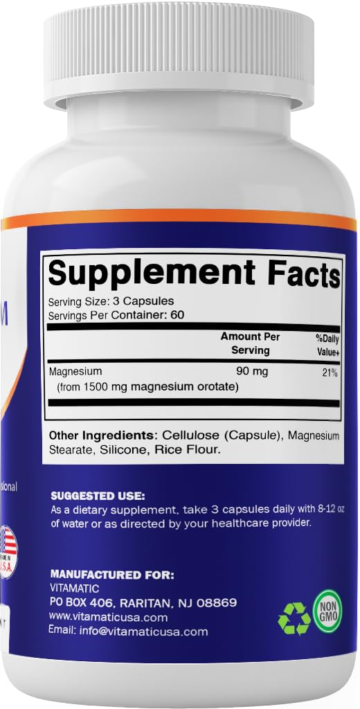 Vitamatic Magnesium Orotate Capsules packaging and label details