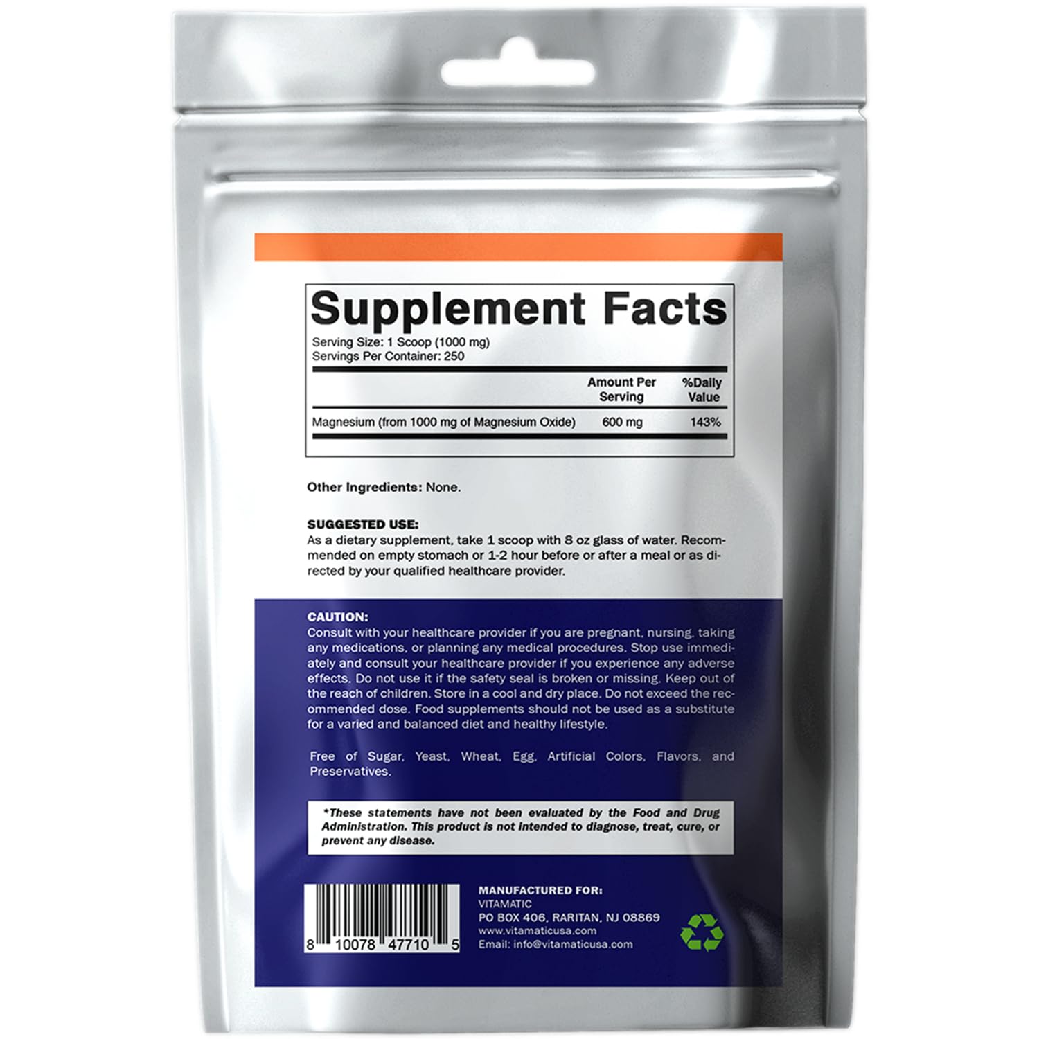 Vitamatic Magnesium Oxide Powder 1000mg on a kitchen counter