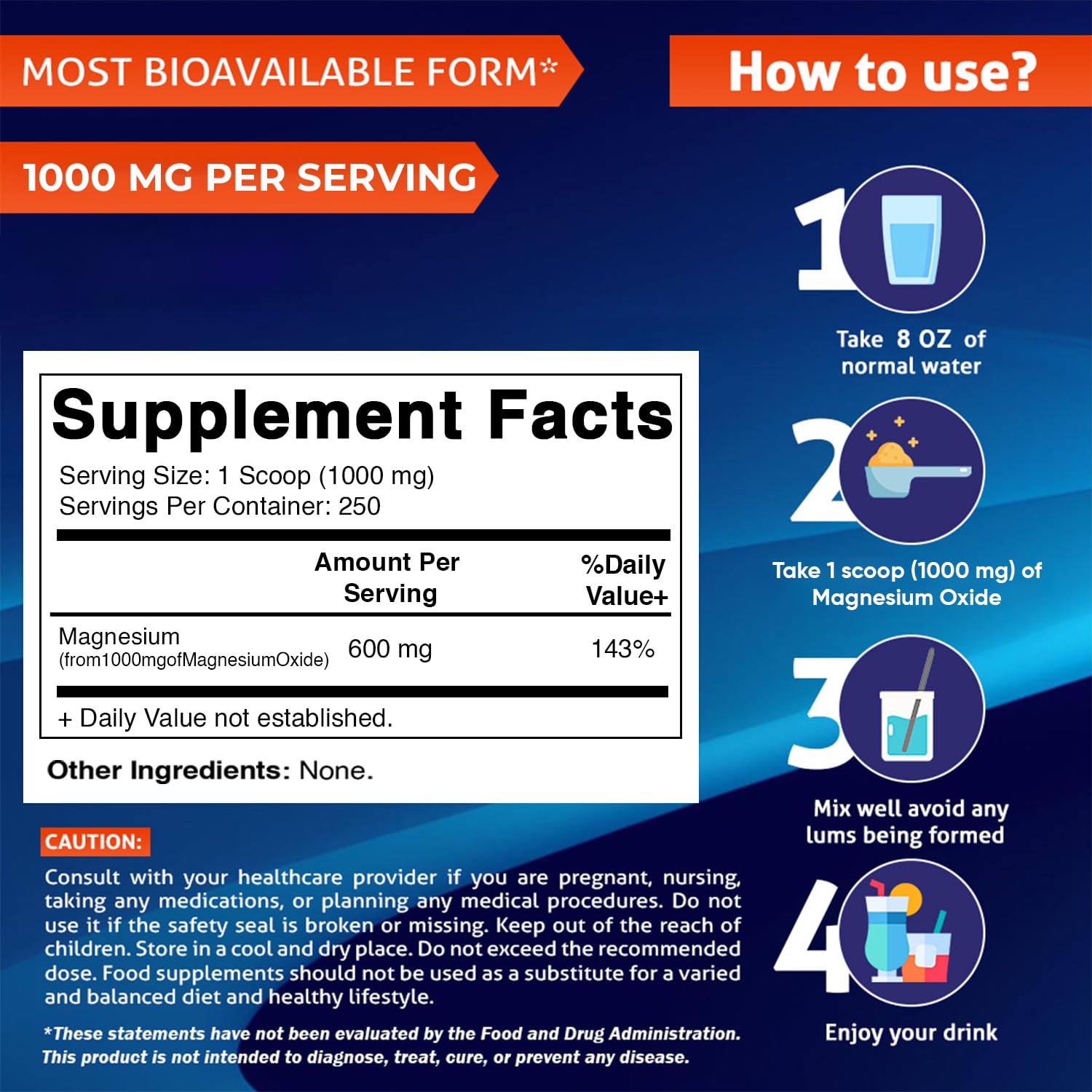 Vitamatic Magnesium Oxide Powder 1000mg side view with scoop